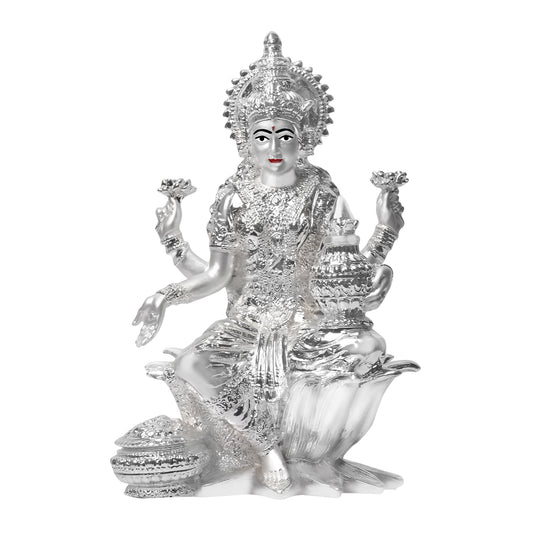 999 Silver-Plated Lakshmi Idol on Lotus | Home, Office & Temple Décor | Prayer & Gift (8x5.5 CM)