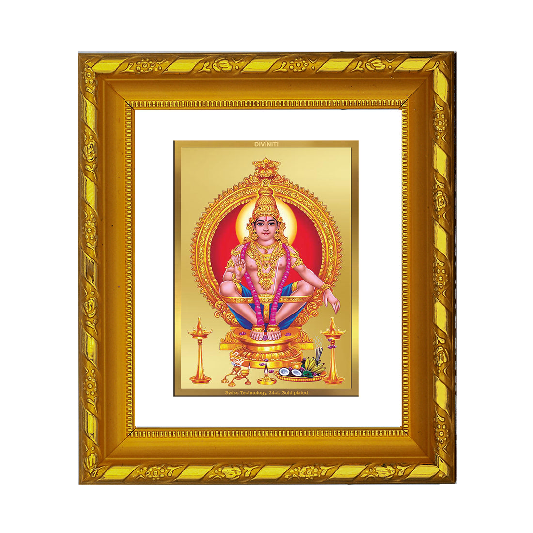 DIVINITI 24K Gold Plated Foil Ayyappan Photo Frame For Home Wall Decor, Puja Room, Gift DG 103 S1 (15.3x14.9 CM)