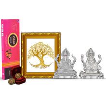 Load image into Gallery viewer, Diviniti Diwali Combo Pack of 24K Gold Plated Life of Tree Photo Frame and 999 Silver Plated Laxmi Ganesha Idol With 24K Gold Plated Laxmi Ganesha Coins &amp; OMG Rose Incense Sticks For Deepawali Pooja
