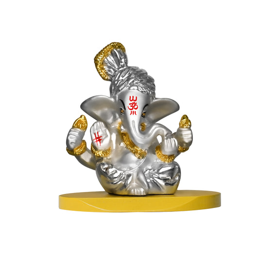 DIVINITI 999 Silver Plated Pagdi Lord Ganesha Elegant Statue Idol For Car Dashboard, Home Decor, Tabletop, Puja Room and Luxury Gift (7x7 CM)