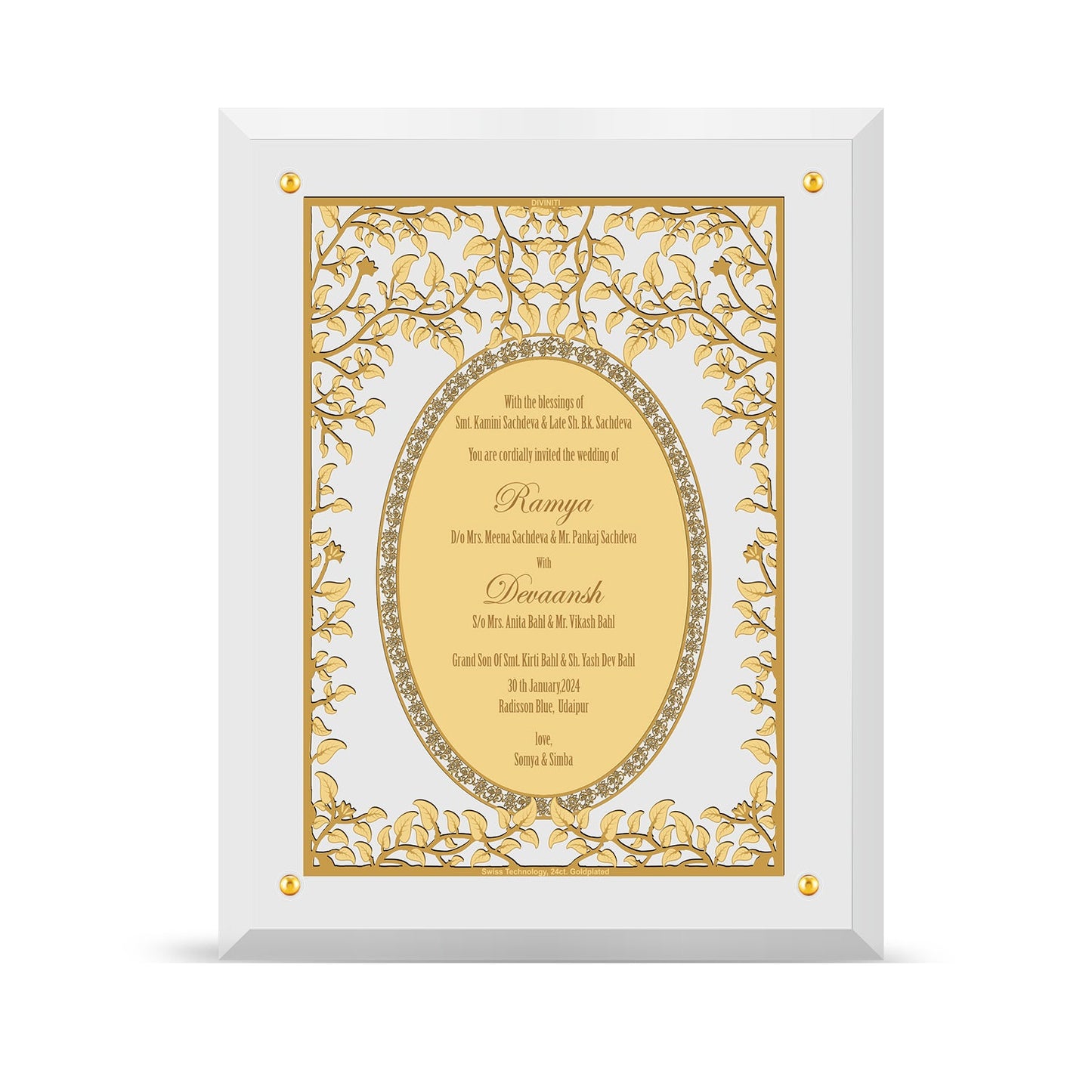 Wedding Invitation Frame | Personalized Decorative Frame with Floral Design 24K Gold Foil Plated