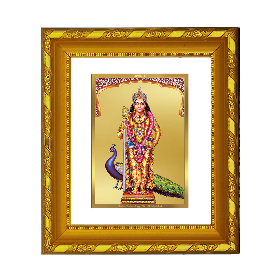 DIVINITI 24K Gold Plated Foil Murugan Photo Frame for Home Decor Showpiece, Prayer, Gift DG 103 Size 1 (15.3x14.9 CM)