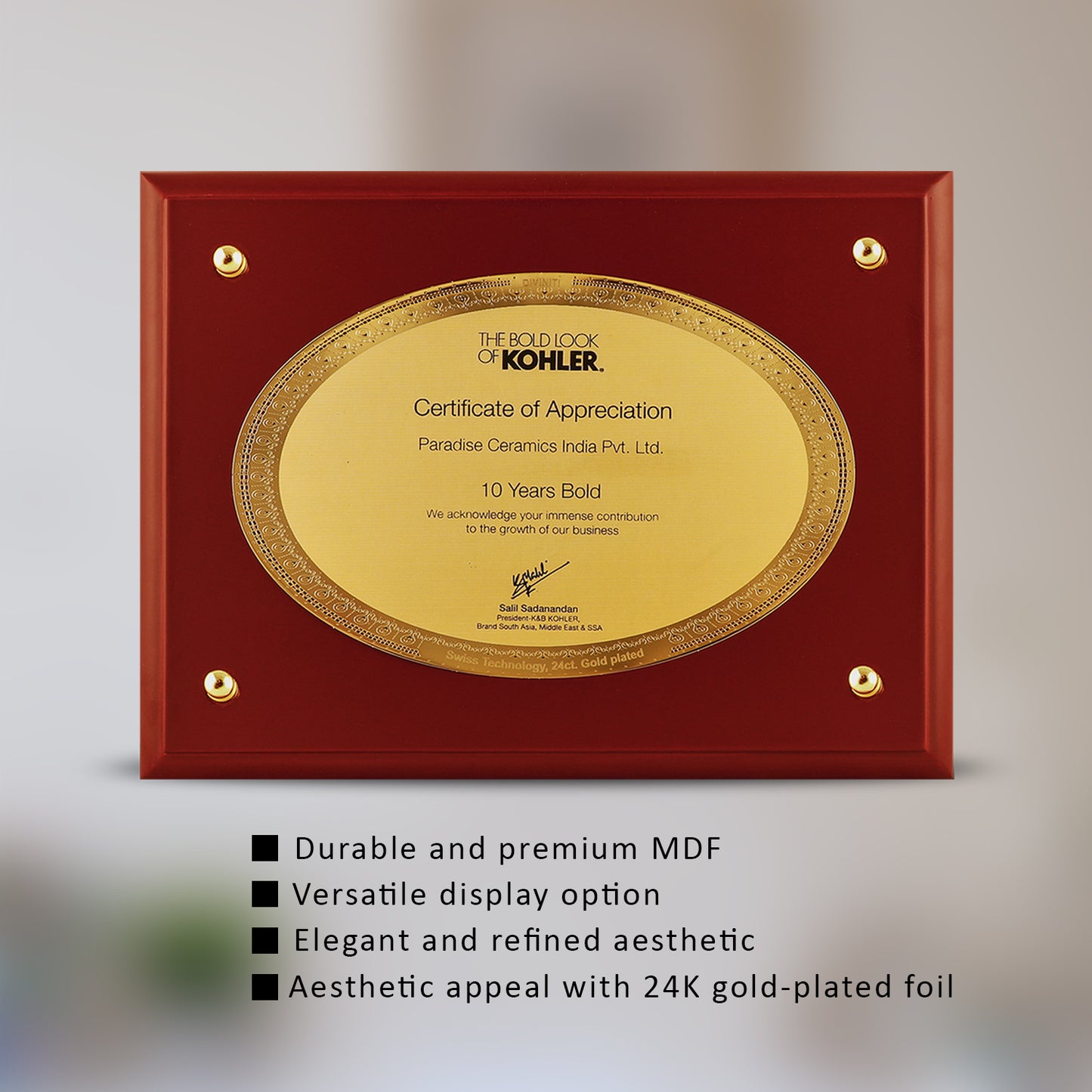 DIVINITI 24K Gold Plated Foil Certificate Photo Frame for Home Decor, Puja Room, Wall Hanging, Tabletop, Workshop, Gift MDFS3 (30.2x22.7)