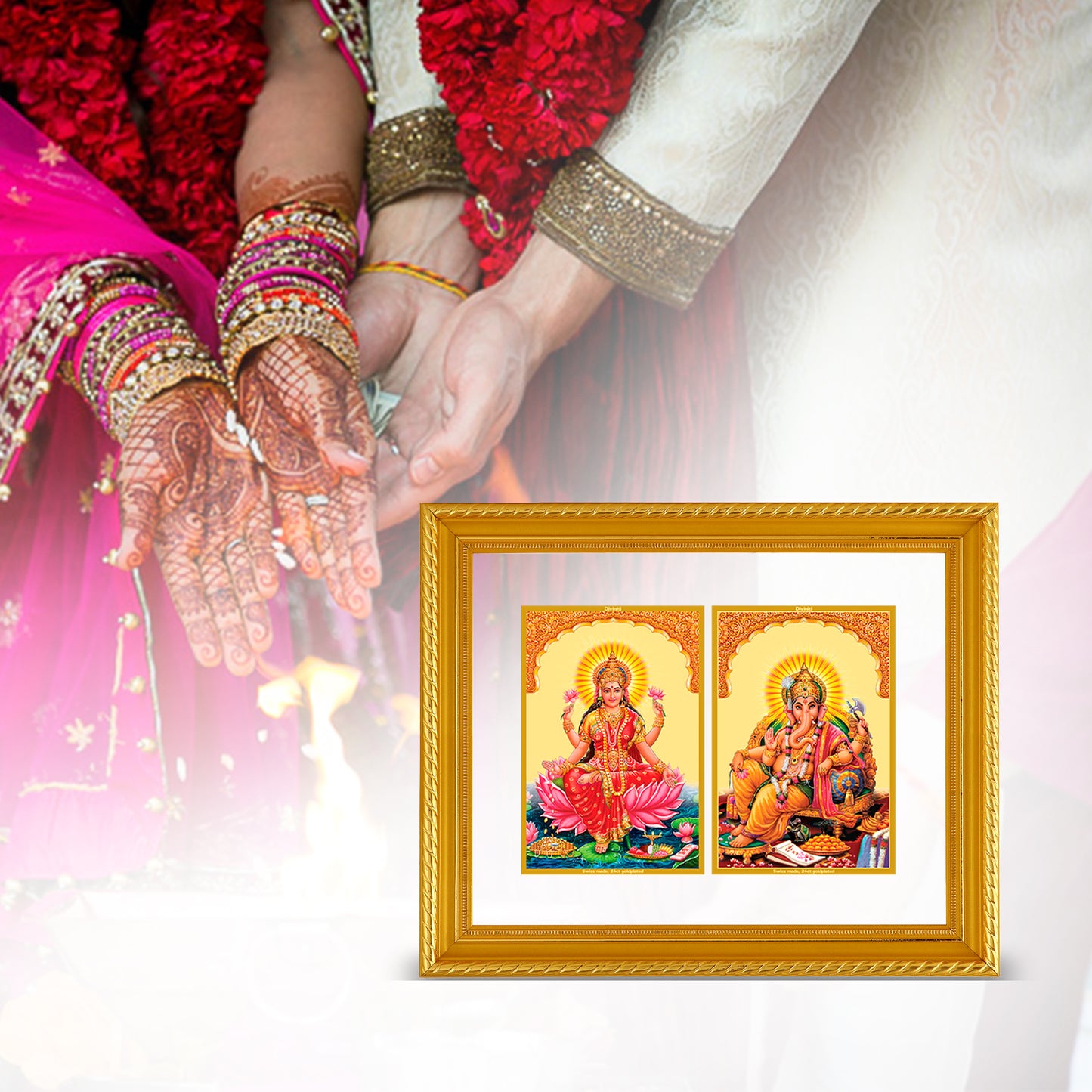 DIVINITI 24K Gold Plated Foil Lakshmi Ganesha Lakshmi Photo Frame Idol for Prayer, Home Decor, Wall Hanging, Premium Gift|DG101 Size 2 (18.4x22.6 CM)