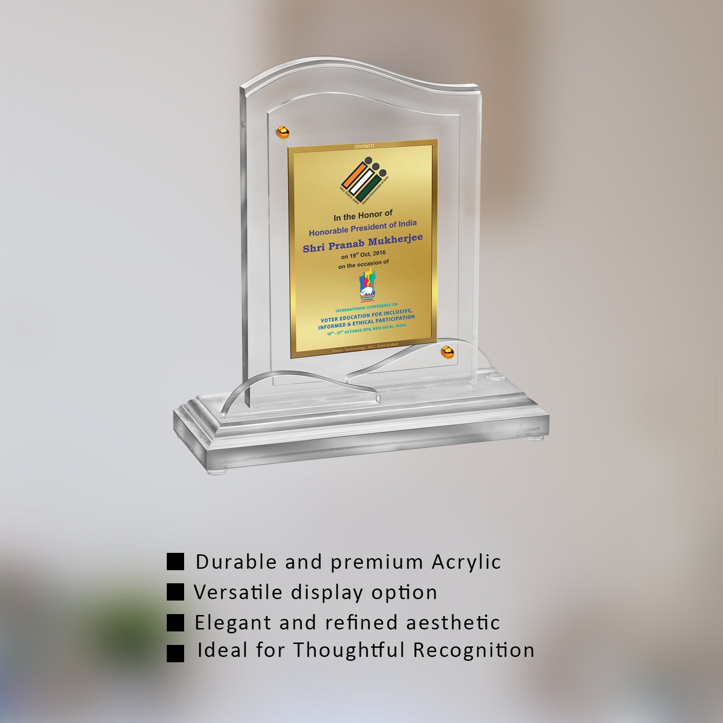 Customized Acrylic Trophy with Matter Printed on 24K Gold Plated Foil For Corporate Gifting