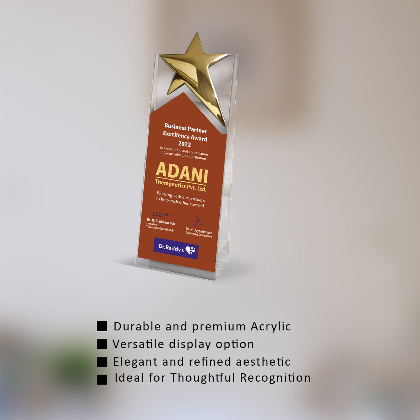 Customized Acrylic Trophy with Matter Printed & Metal Star For Corporate Gifting