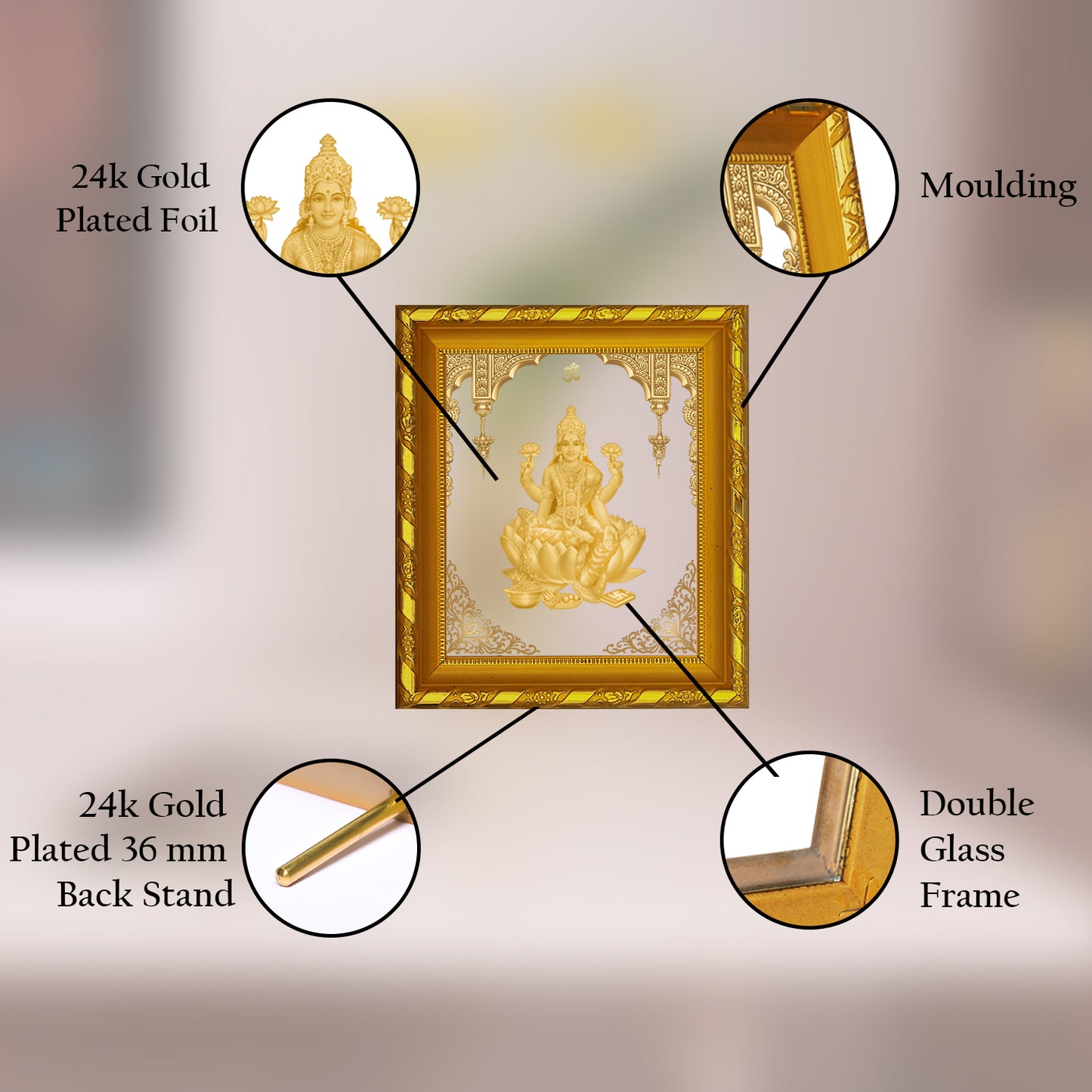 DIVINITI 24K Gold Plated Foil Laxmi Mata Photo Frame for Home & Office Decor, Table DG 103 Size 1 (15.3x14.9 CM)
