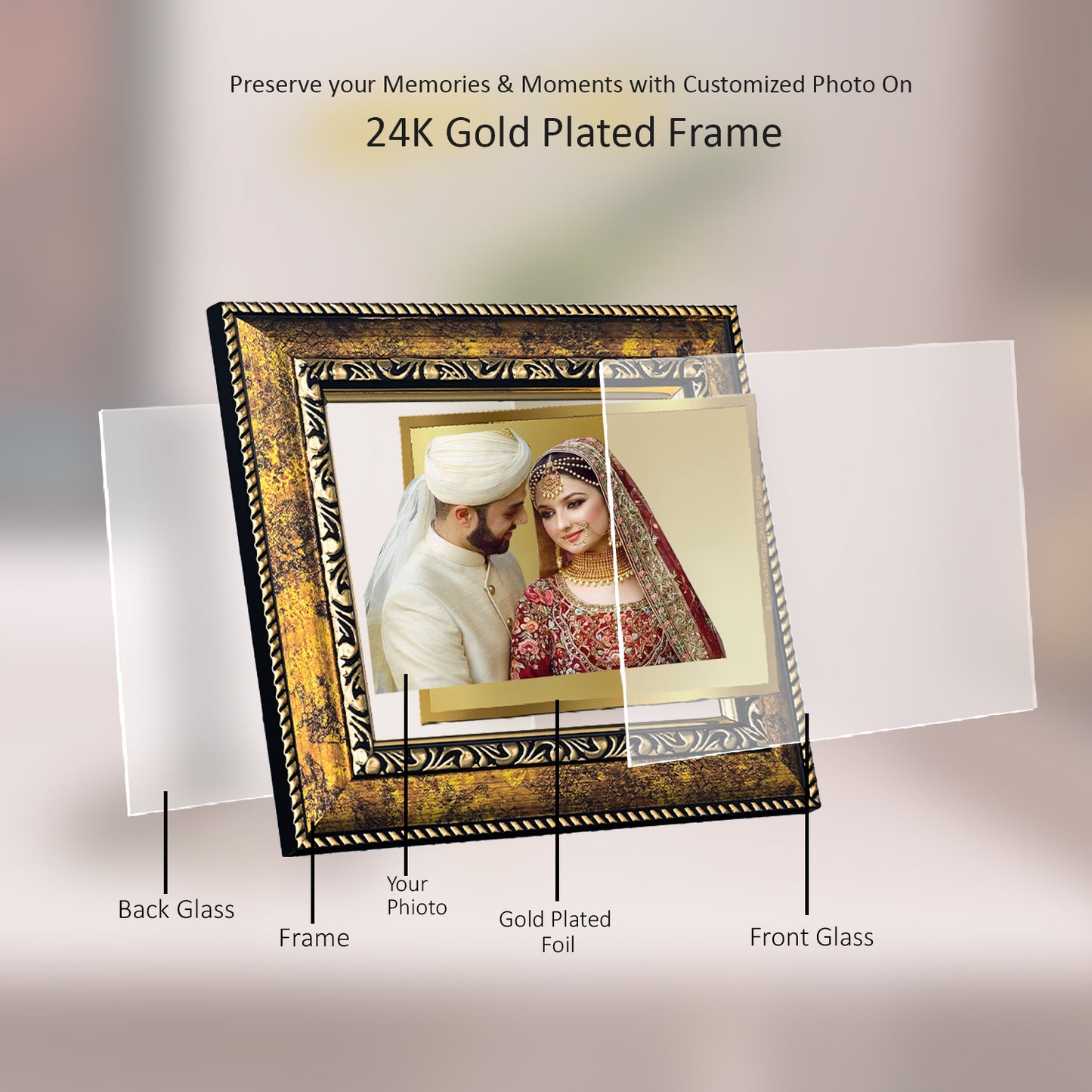 DIVINITI 24K Gold Plated Foil Customized Photo Frame for Home Decor, Table Top, Wall Hanging, Workshop, Luxurious Gift|DG113 Size 2 (22.6x18.4 CM)