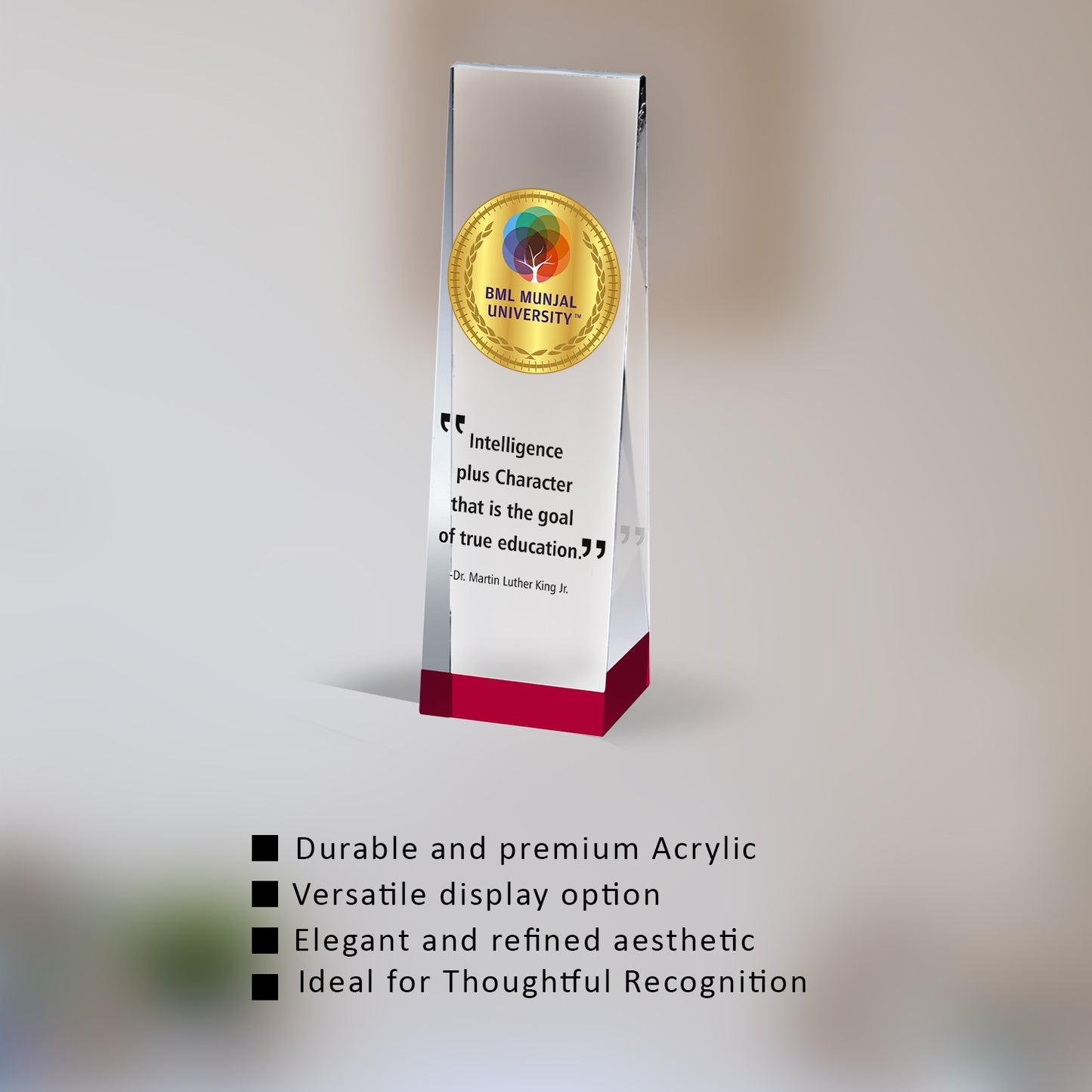 Customized Acrylic Trophy with Matter Printed on 24K Gold Plated Logo For Corporate Gifting
