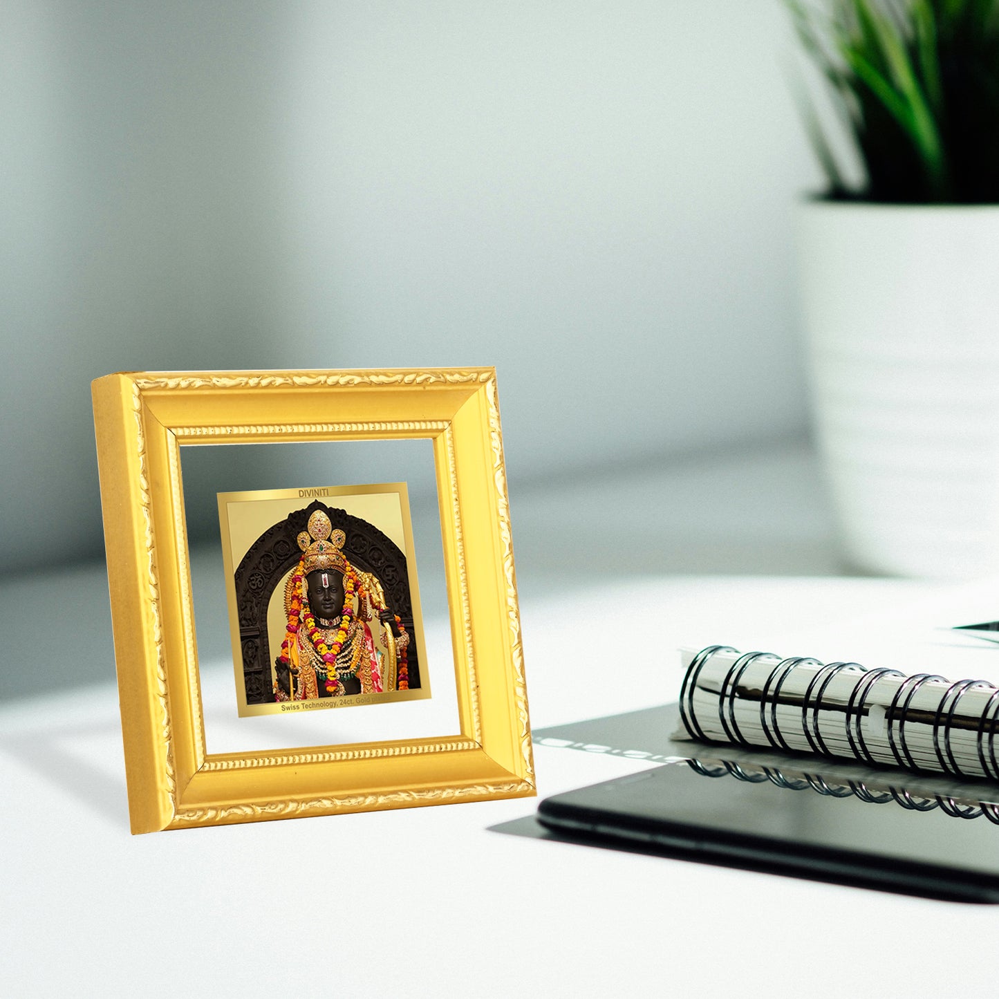 DIVINITI 24K Gold Plated Lord Ram Lalla Elegant Wall Photo Frame Idol for Table Top, Home & Office Decor, Puja Room, Gifts|DG101S1A (10x10 CM)