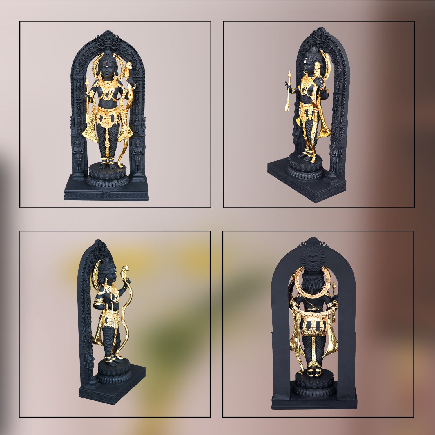 DIVINITI 24K Gold Plated Ram Lalla Idol statue showcased from multiple angles in a decorative frame.