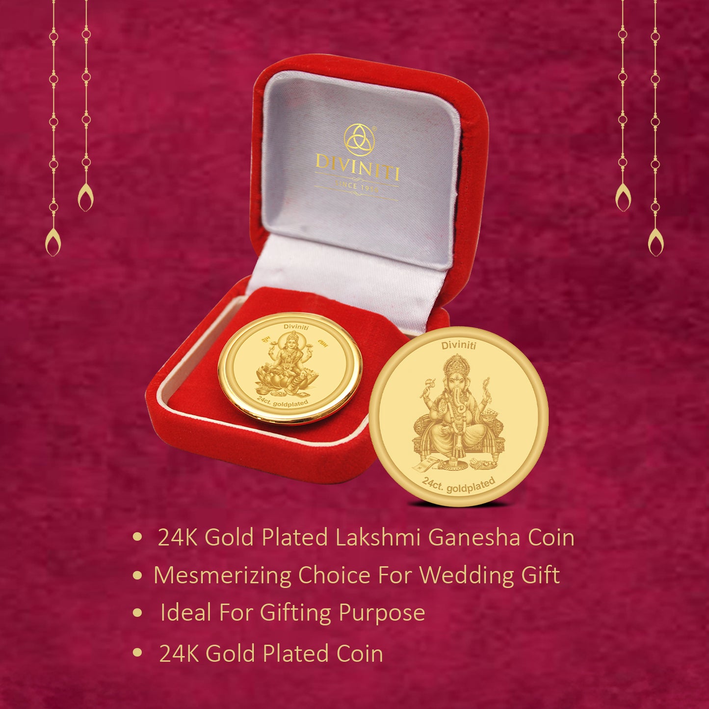 DIVINITI 24K Gold Plated Lakshmi Ganesha Coin 22MM For Wedding Gift
