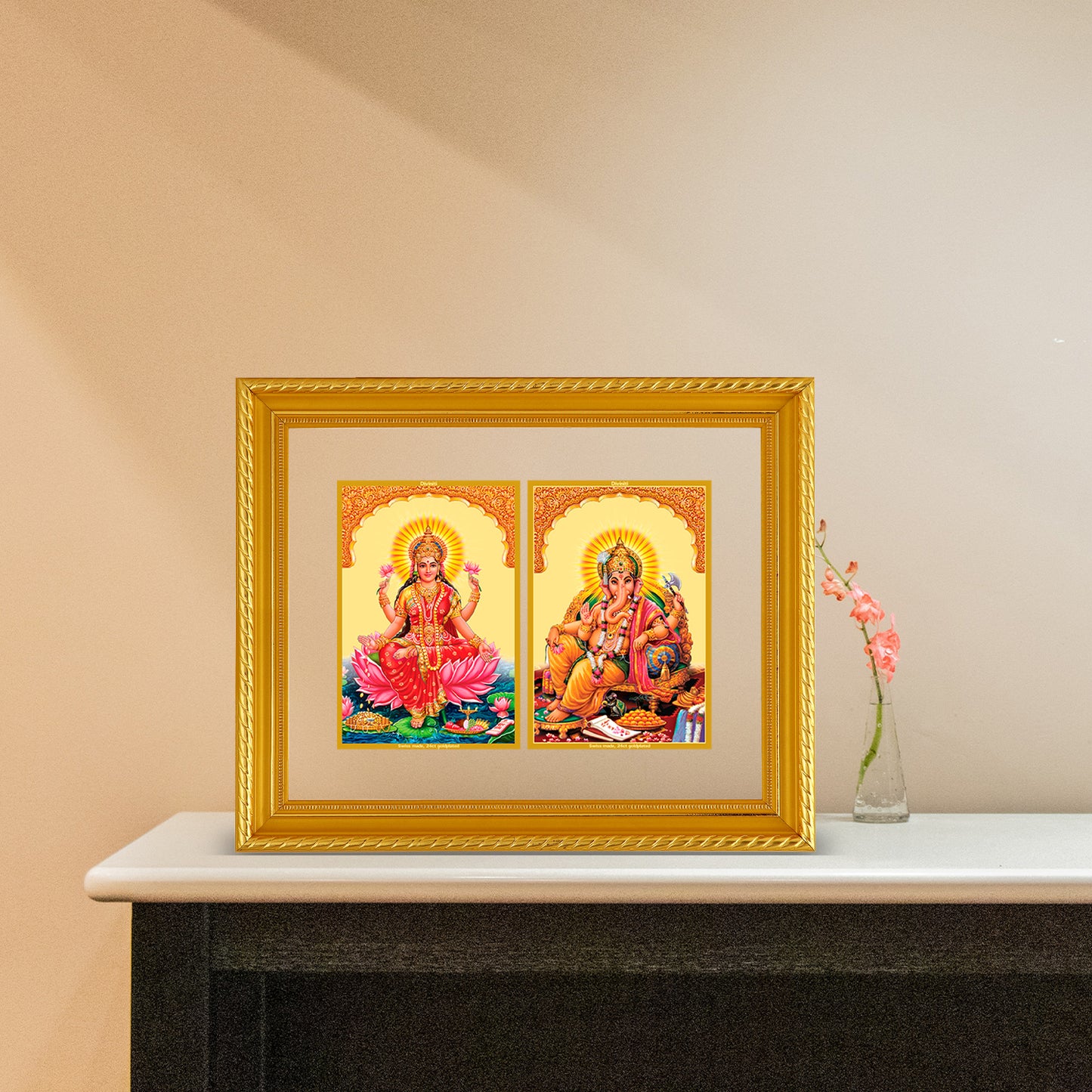 DIVINITI 24K Gold Plated Foil Lakshmi Ganesha Lakshmi Photo Frame Idol for Prayer, Home Decor, Wall Hanging, Premium Gift|DG101 Size 2 (18.4x22.6 CM)