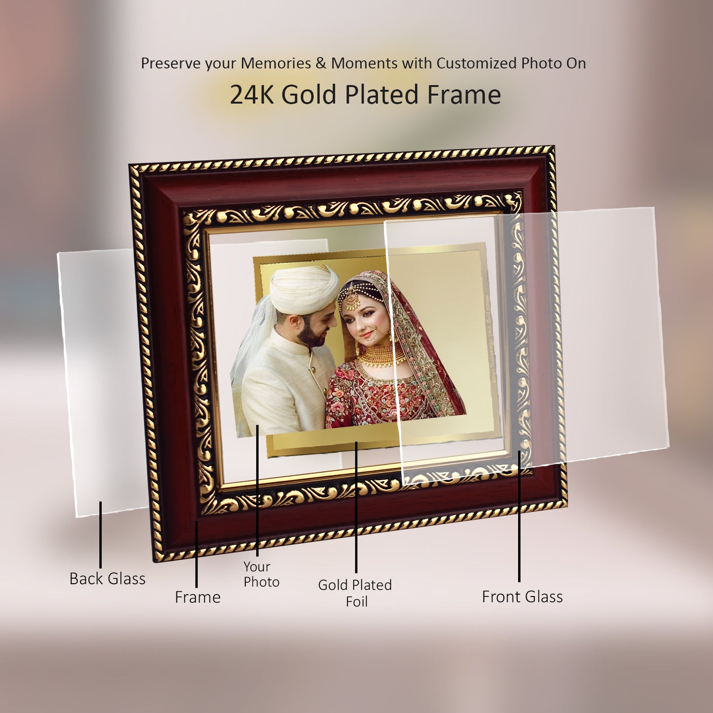 DIVINITI 24K Gold Plated Foil Photo Frame With Customized Photo Printed | Personalized Gift for Birthday, Marriage Anniversary & Celebration With Loved Ones DG 105 Size 1 (17.7x15.7 CM)