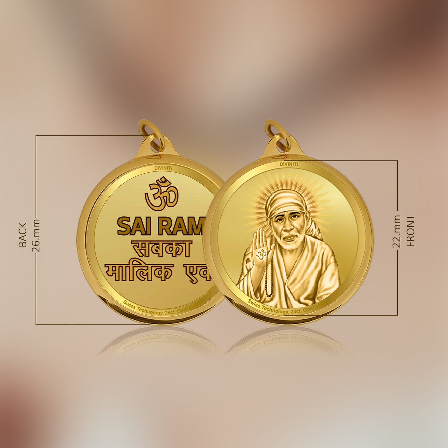 Diviniti 24K Gold Plated Sai Baba & Om 22MM Double Sided Pendant For Men, Women & Kids