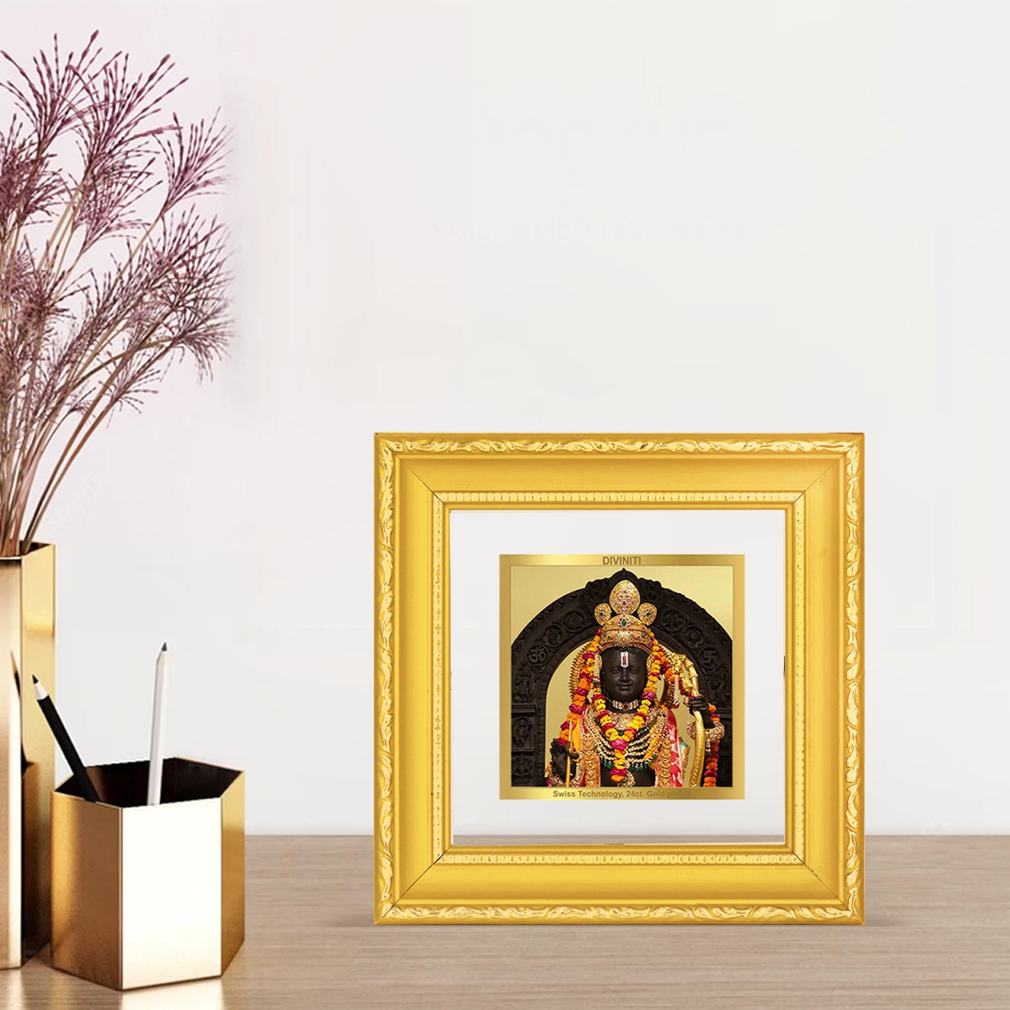 DIVINITI 24K Gold Plated Lord Ram Lalla Elegant Wall Photo Frame Idol for Table Top, Home & Office Decor, Puja Room, Gifts|DG101S1A (10x10 CM)