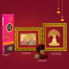 Load image into Gallery viewer, Diviniti Diwali Festival Combo Pack Of 24K Gold Plated Laxmi Ganesha and Boddhi Tree Photo Frame With 24K Gold Plated Laxmi Ganesha Coins &amp; OMG Rose Incense Sticks For Deepawali Pooja

