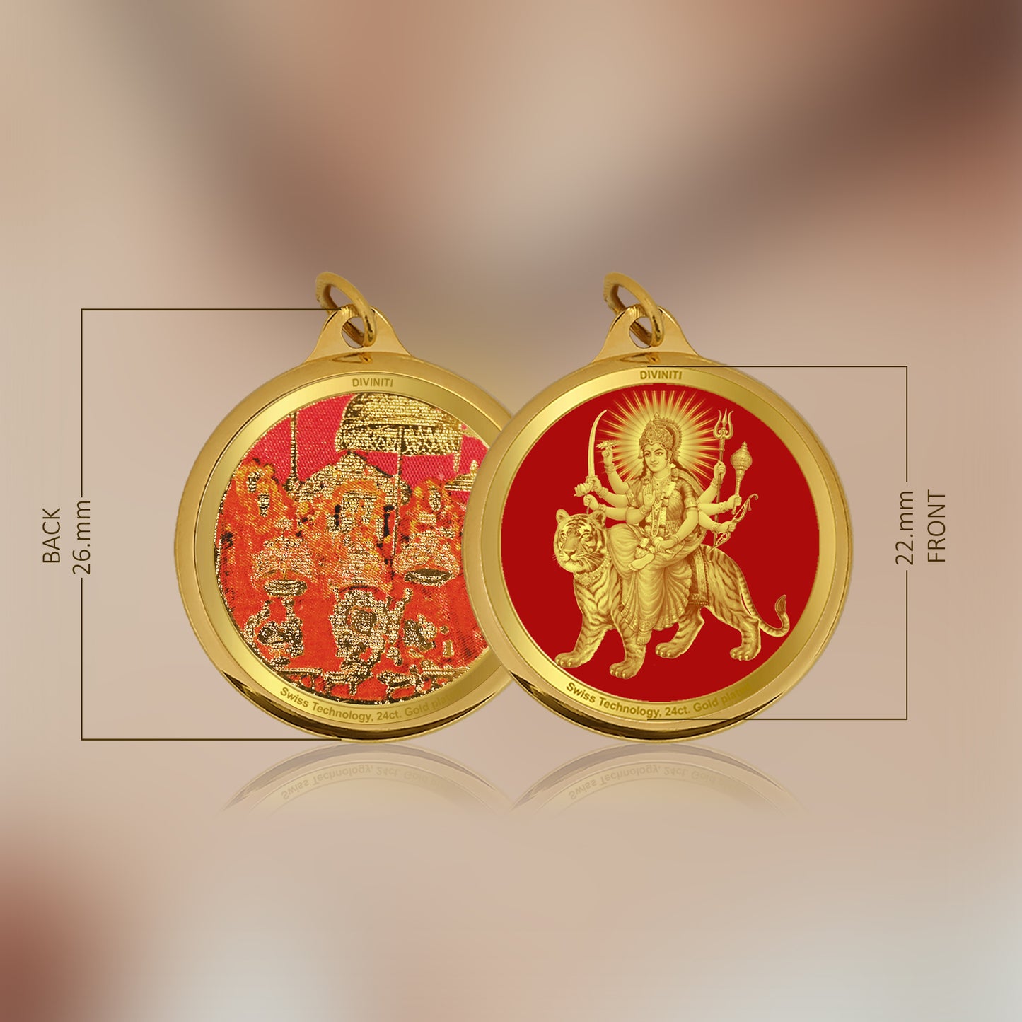 DIVINITI 24K Gold Plated Durga & Mata Ka Darbar 22MM Double Sided Pendant For Men, Women & Kids