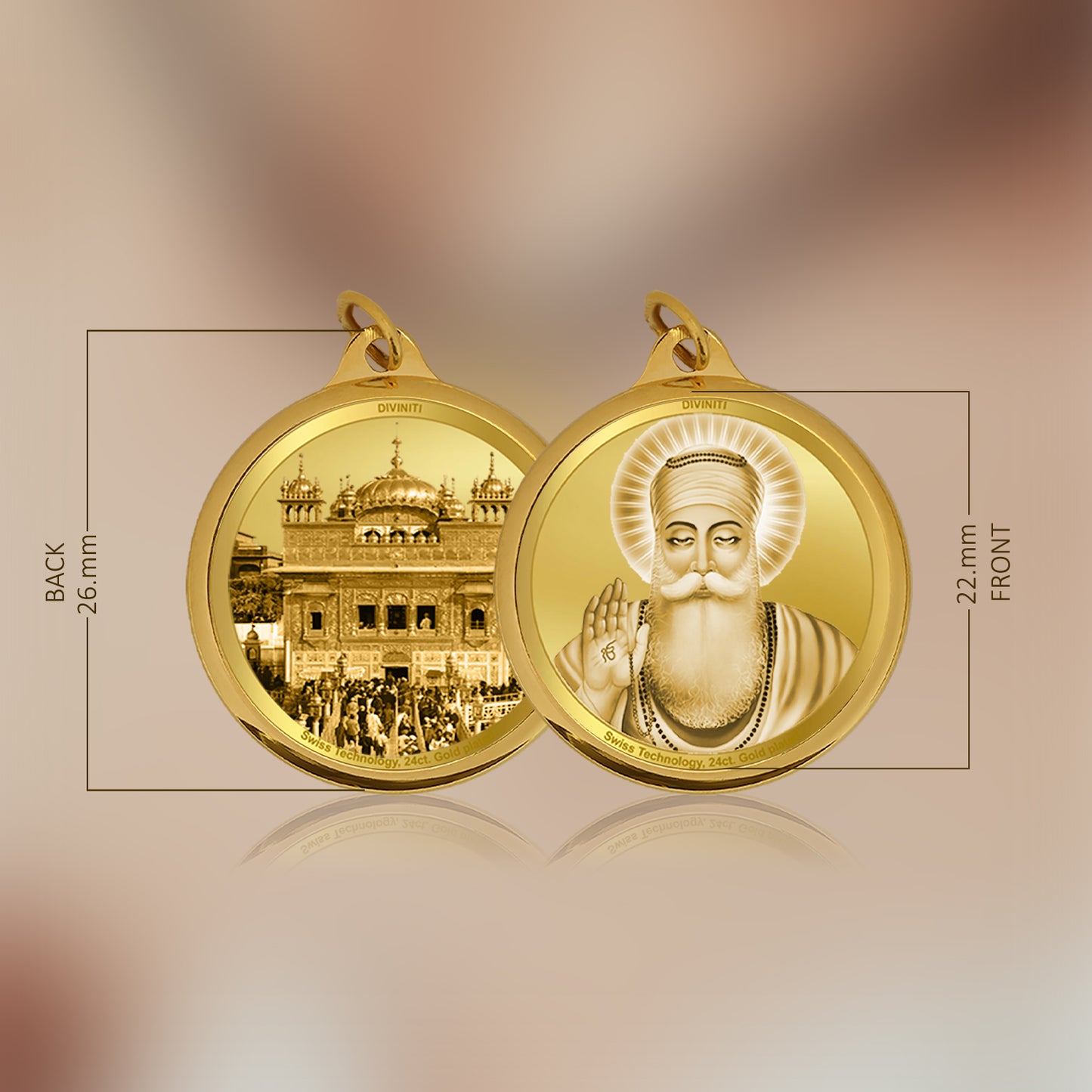 Diviniti 24K Gold Plated Foil 22MM Double Sided Pendant Guru Nanak Dev Ji and Sachkhand Shri Darbar Sahib (Golden Temple)