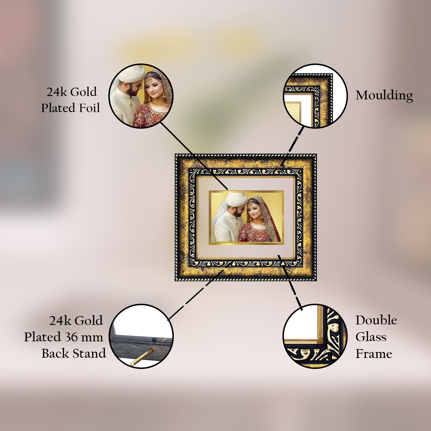 DIVINITI 24K Gold Plated Foil Customized Photo Frame for Home Decor, Table Top, Wall Hanging, Workshop, Luxurious Gift|DG113 Size 2 (22.6x18.4 CM)