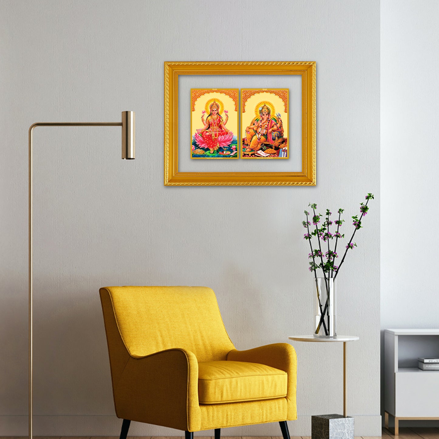 DIVINITI 24K Gold Plated Foil Lakshmi Ganesha Lakshmi Photo Frame Idol for Prayer, Home Decor, Wall Hanging, Premium Gift|DG101 Size 2 (18.4x22.6 CM)