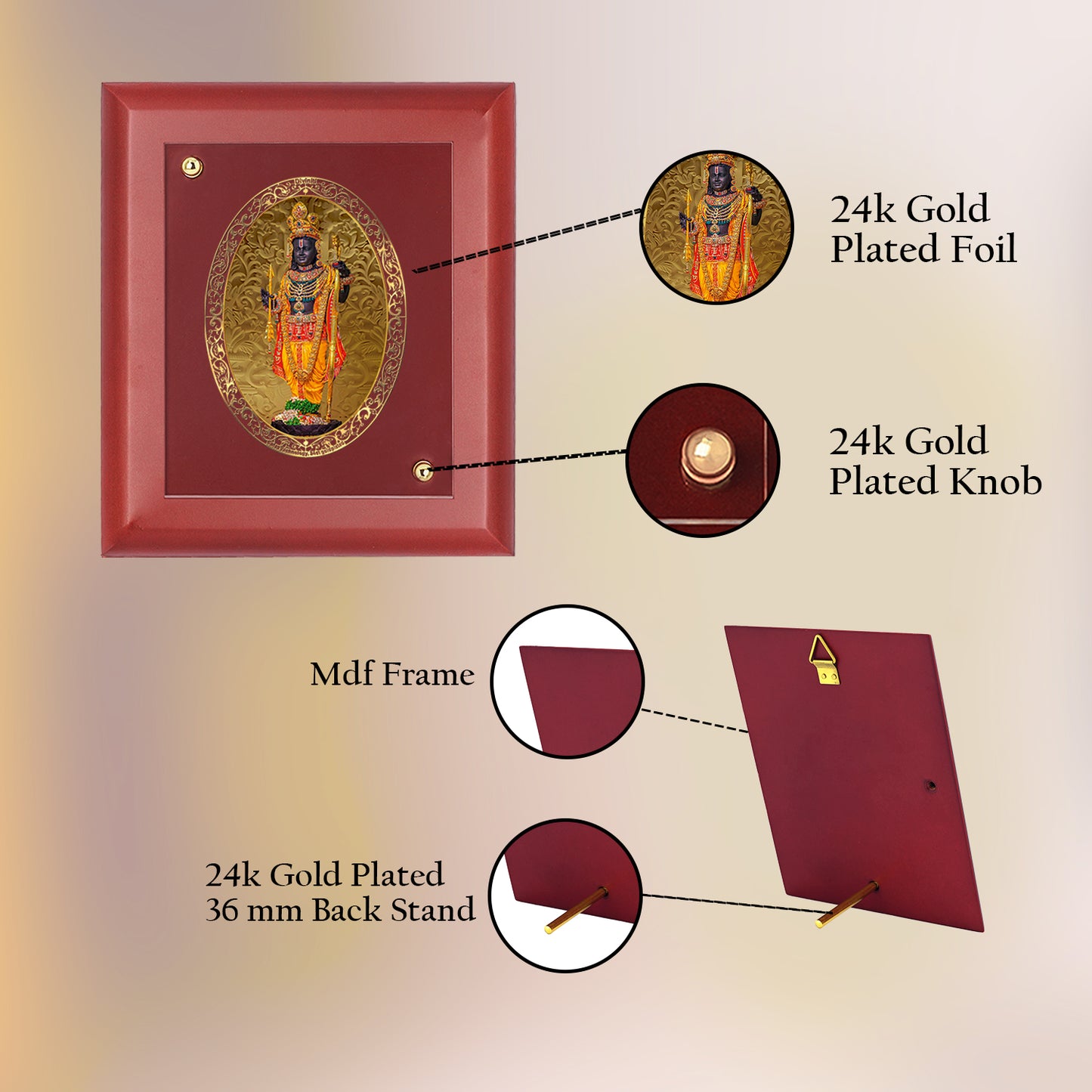 DIVINITI 24K Gold Plated Foil Ram Lalla Photo Frame For Home Decor, Wall Hanging Decor, Table, Puja Room & Gift MDF Size 2 (20x16 CM)
