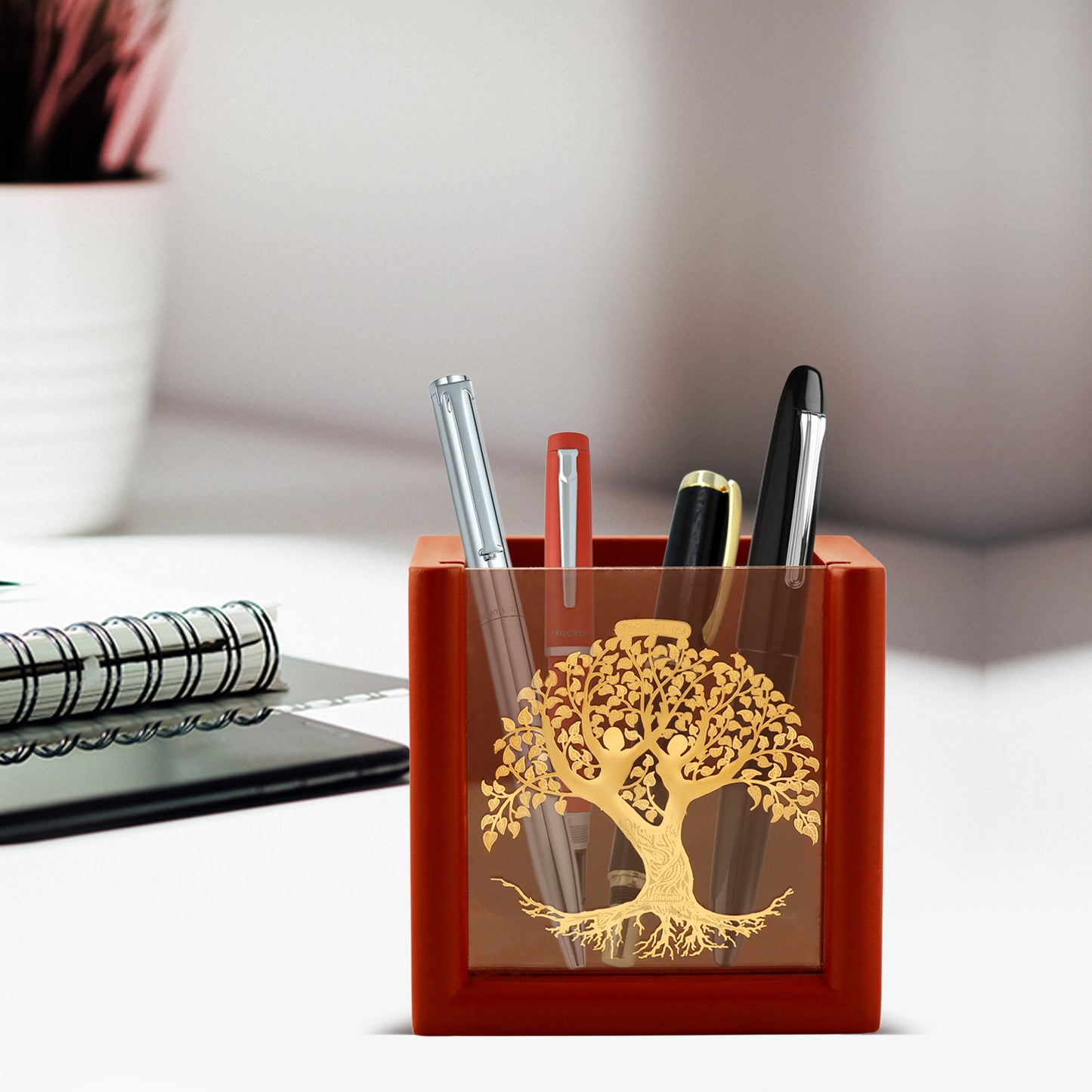 MDF Pen Holder with 24K Gold Plated Tree of Life Frame For Corporate Gifting
