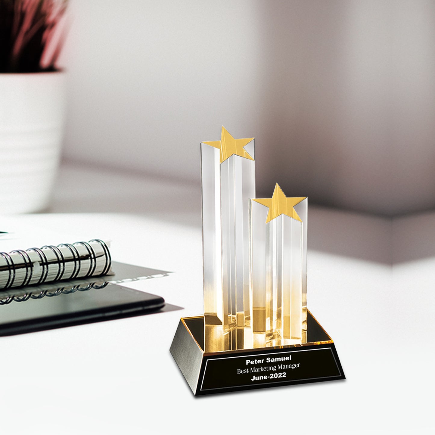 Customized Crystal Trophy with Matter Printed For Corporate Gifting