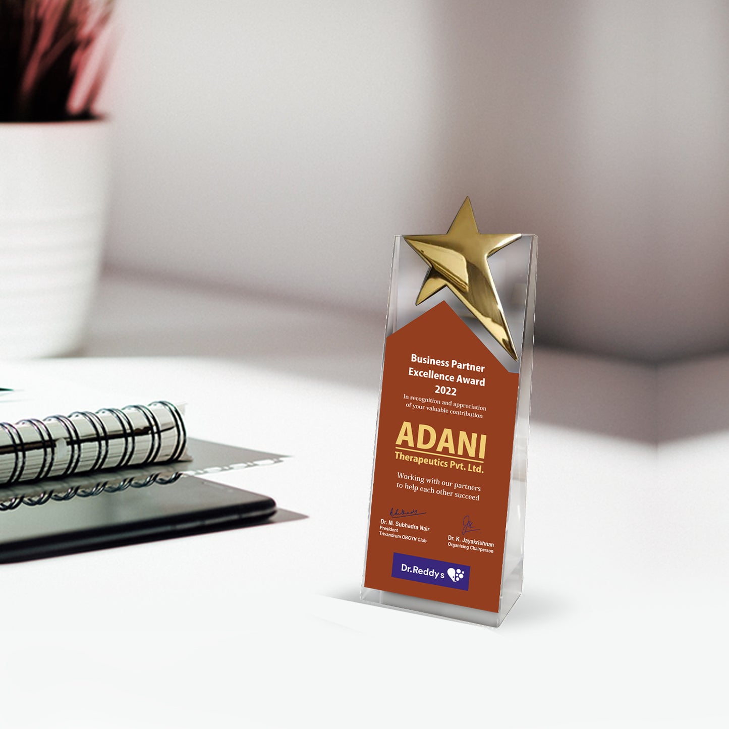 Customized Acrylic Trophy with Matter Printed & Metal Star For Corporate Gifting