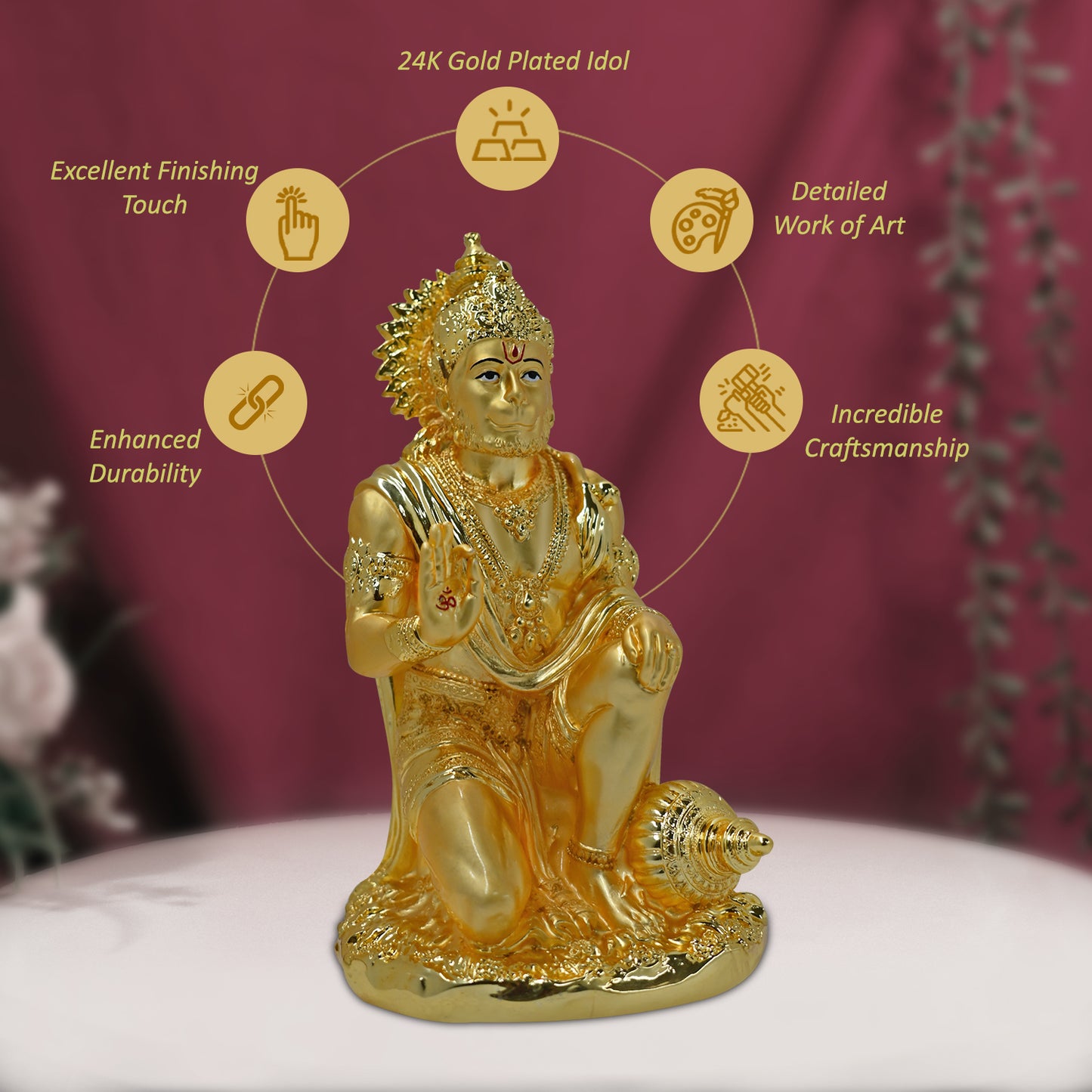 DIVINITI 24K Gold Plated Lord Hanuman Ji Ashirwad Idol Statue For Home Decor, Table Top, Puja, Gift (19.5x11 CM)