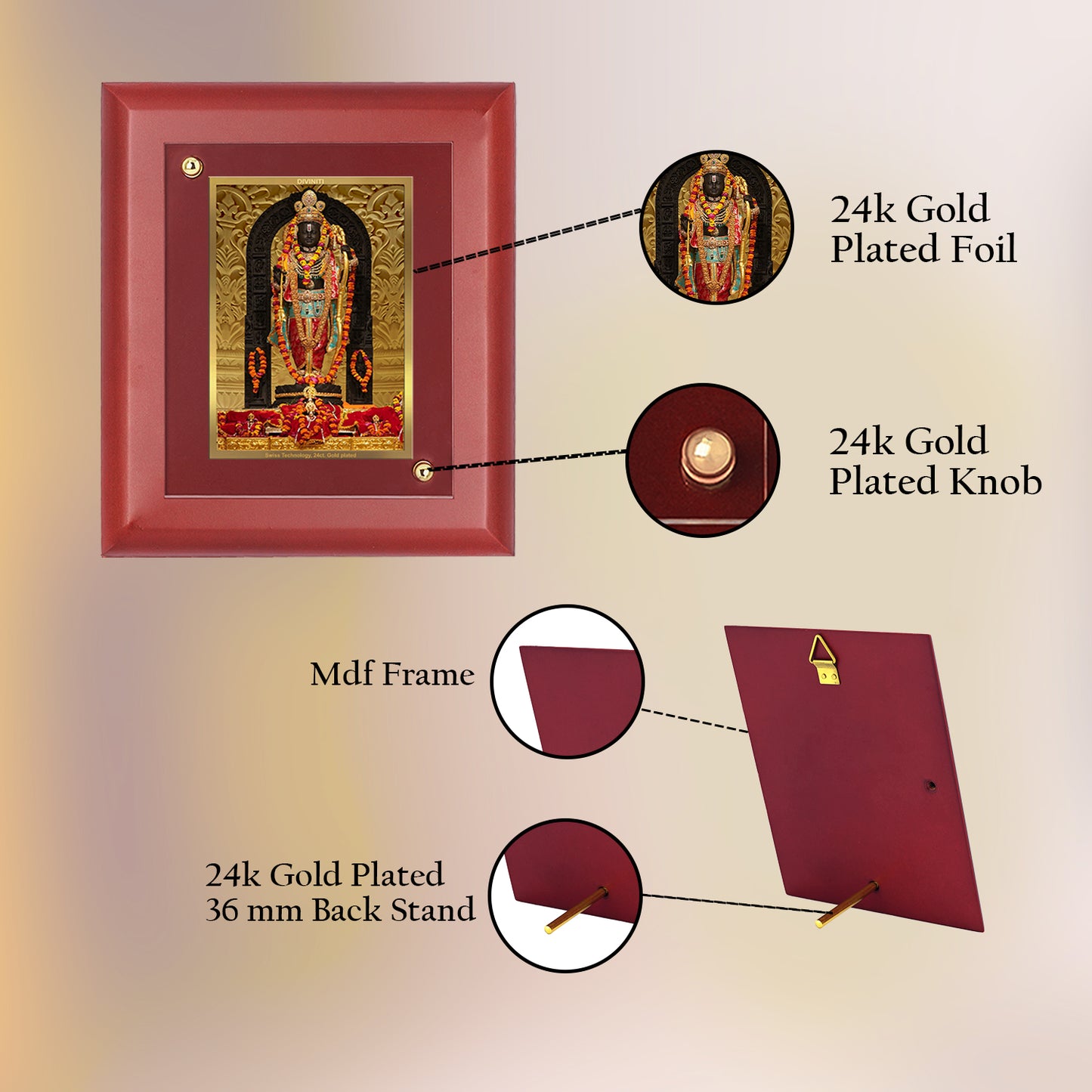 DIVINITI 24K Gold Plated Foil Ram Lalla Wall Photo Frame Idol for Table Top, Home & Office Decor, Puja Room, Gift|MDF Size 1 (16.7x14.2 CM)