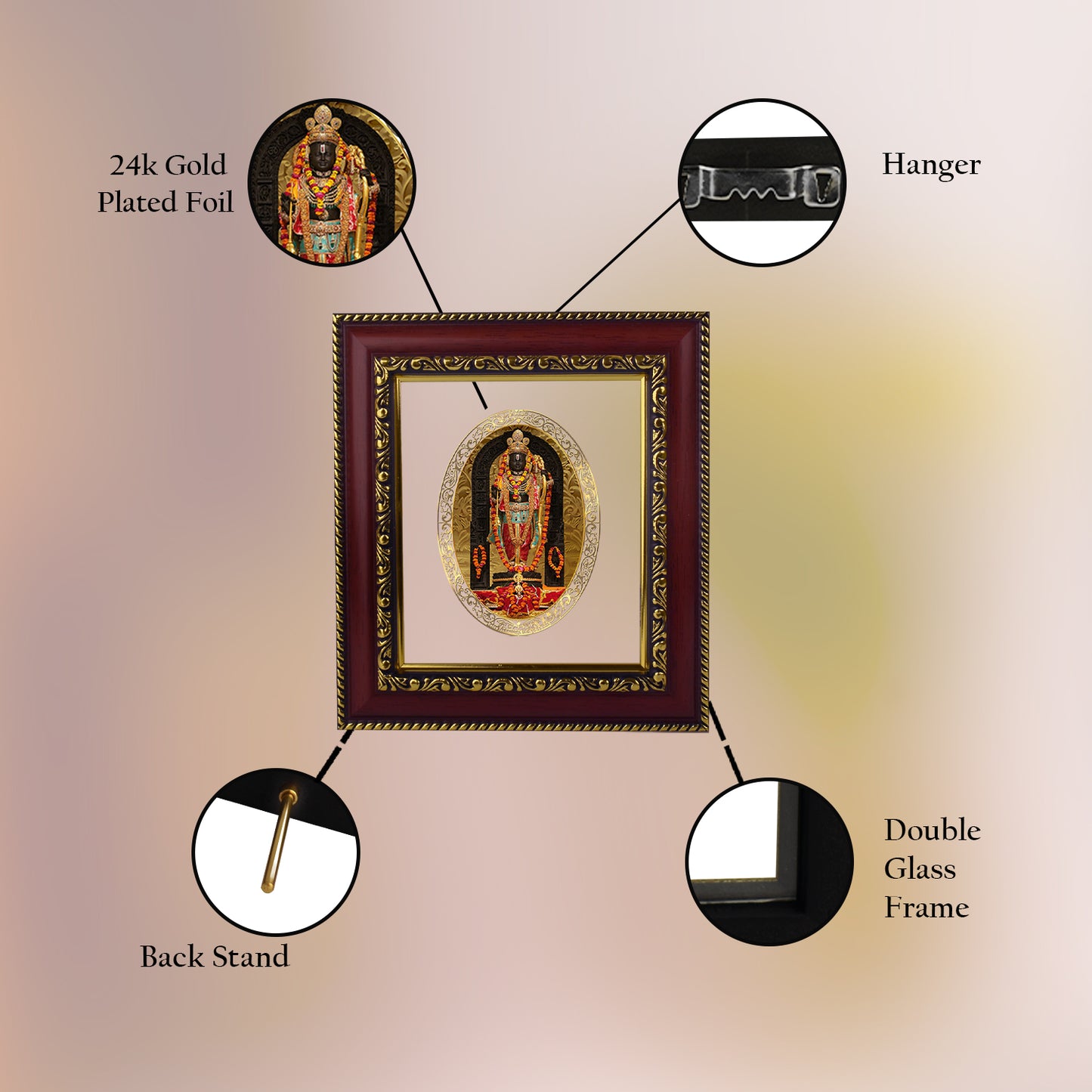 DIVINITI 24K Gold Plated Foil Ram Lalla Photo Frame for Home & Office Decor, Wall Hanging, Table Top, Puja Room & Gift DG 105 Size 1 (17.7x15.7 CM)
