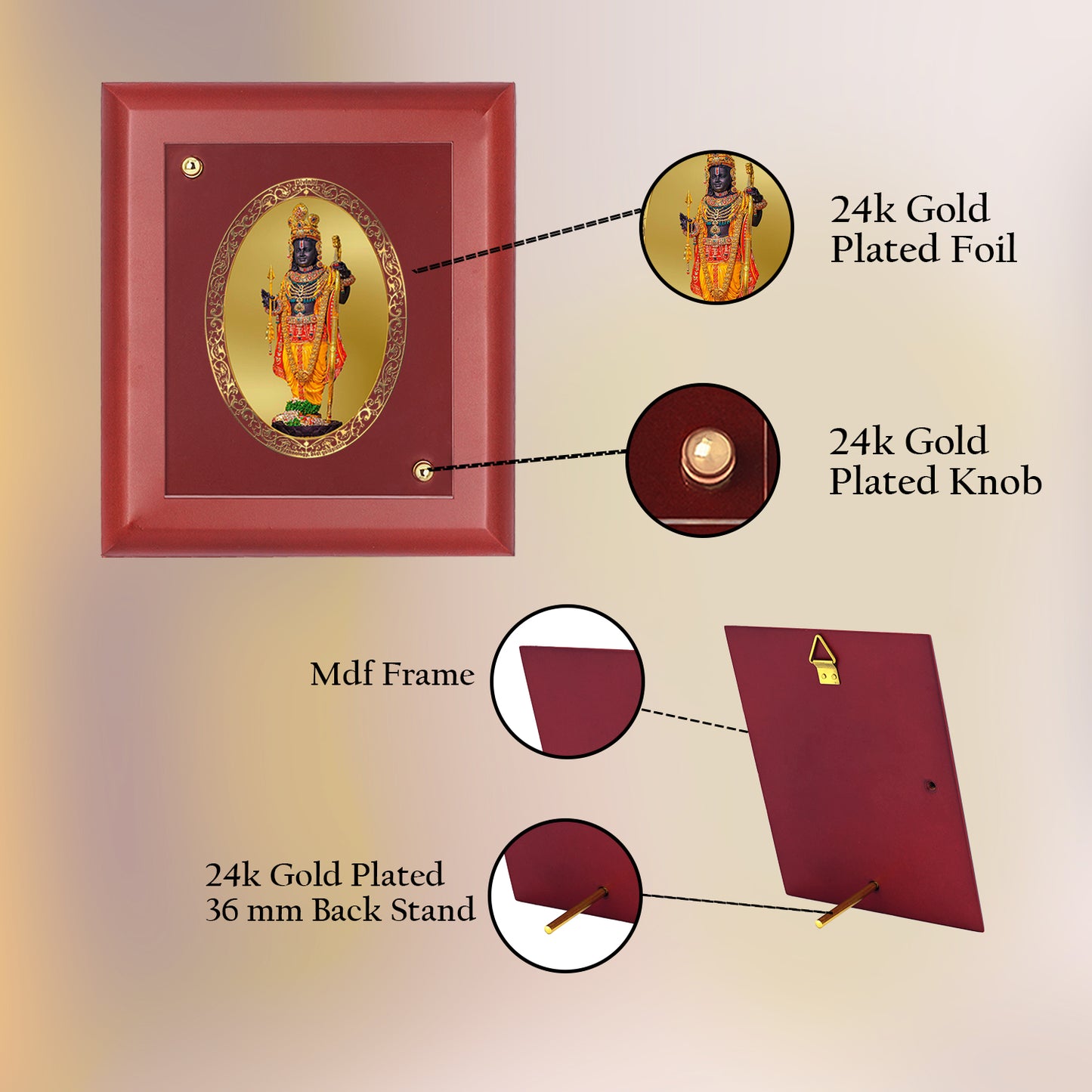 DIVINITI 24K Gold Plated Foil Ram Lalla Stylish Photo Frame Idol for Puja Room, Table Top, Home Decor, Wall Hanging, Gift|MDF Size 1 (16.7x14.2 CM)