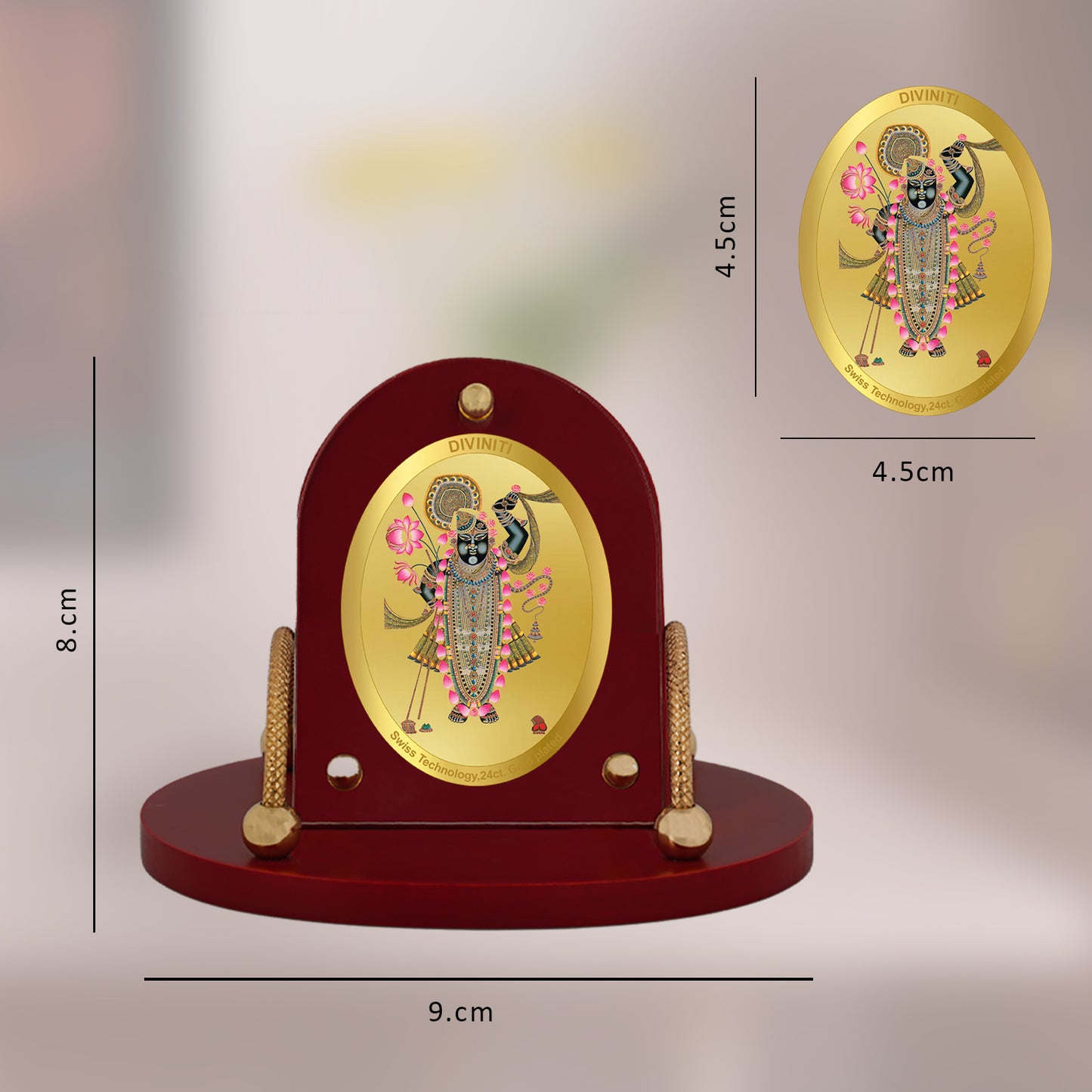 Diviniti 24K Gold Plated Foil Shrinathji Frame for Car Dashboard, Home Decor, Table & Office (8 CM x 9 CM)
