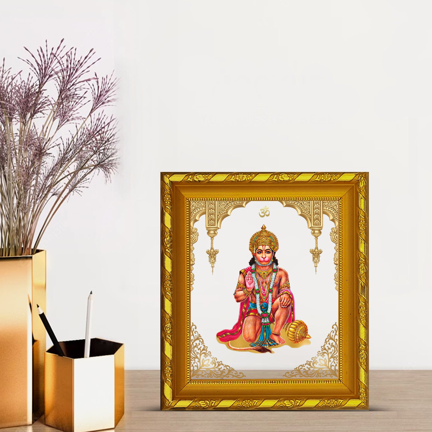DIVINITI 24K Gold Plated Foil Hanuman Ji Photo Frame for Home & Office Decor, Table DG 103 Size 1 (15.3x14.9 CM)