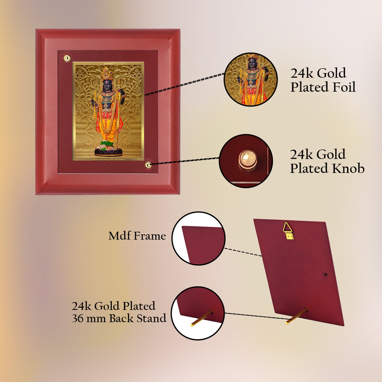 DIVINITI 24K Gold Plated Foil Ram Lalla Photo Frame For Home Decor, Wall Hanging Decor, Table, Puja Room & Gift MDF Size 2 (20x16 CM)