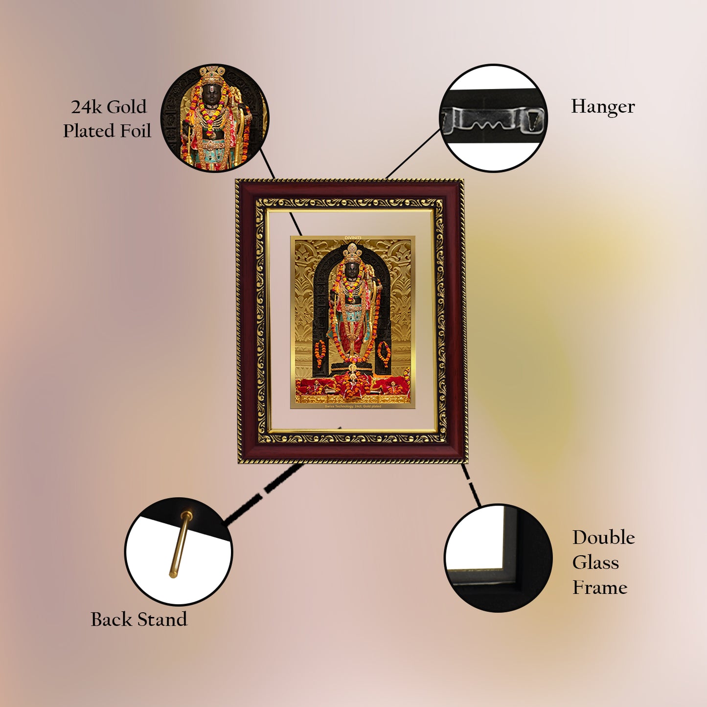 Diviniti 24K Gold Plated Foil Ram Lalla Photo Frame For Home Decor, Table Decor, Wall Hanging, Puja Room & Gift (20.8x16.7 CM)