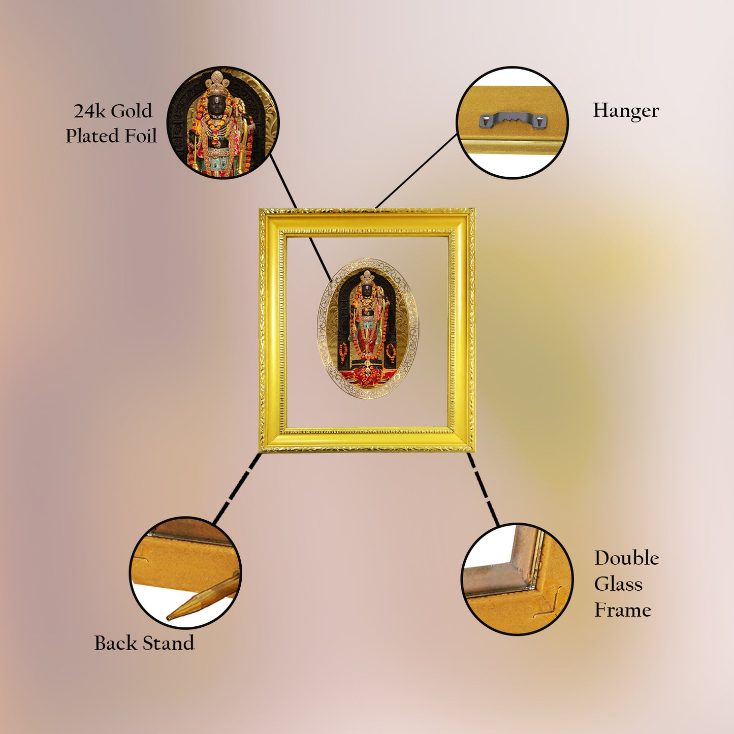 DIVINITI 24K Gold Plated Foil Ram Lalla Photo Frame for Home & Office Decor, Wall Hanging, Table Top, Puja Room & Gift DG 101 Size 1 (15.3x14.9 CM)