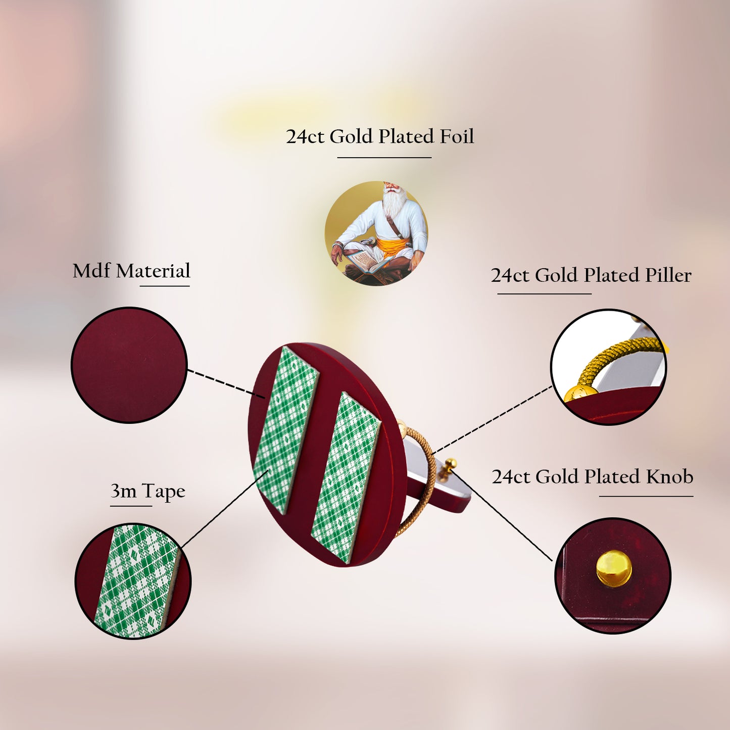 Diviniti 24K Gold Plated Baba Deep Singh Ji Frame for Car Dashboard, Home Decor, Table & Office (8 CM x 9 CM)