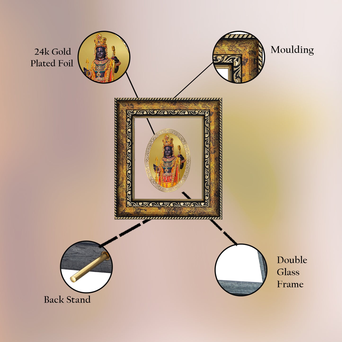 DIVINITI 24K Gold Plated Foil Ram Lalla Photo Frame for Home & Office Decor, Wall Hanging, Table Top, Puja Room & Gift DG 113 Size 1 (17.7x15.9 CM)