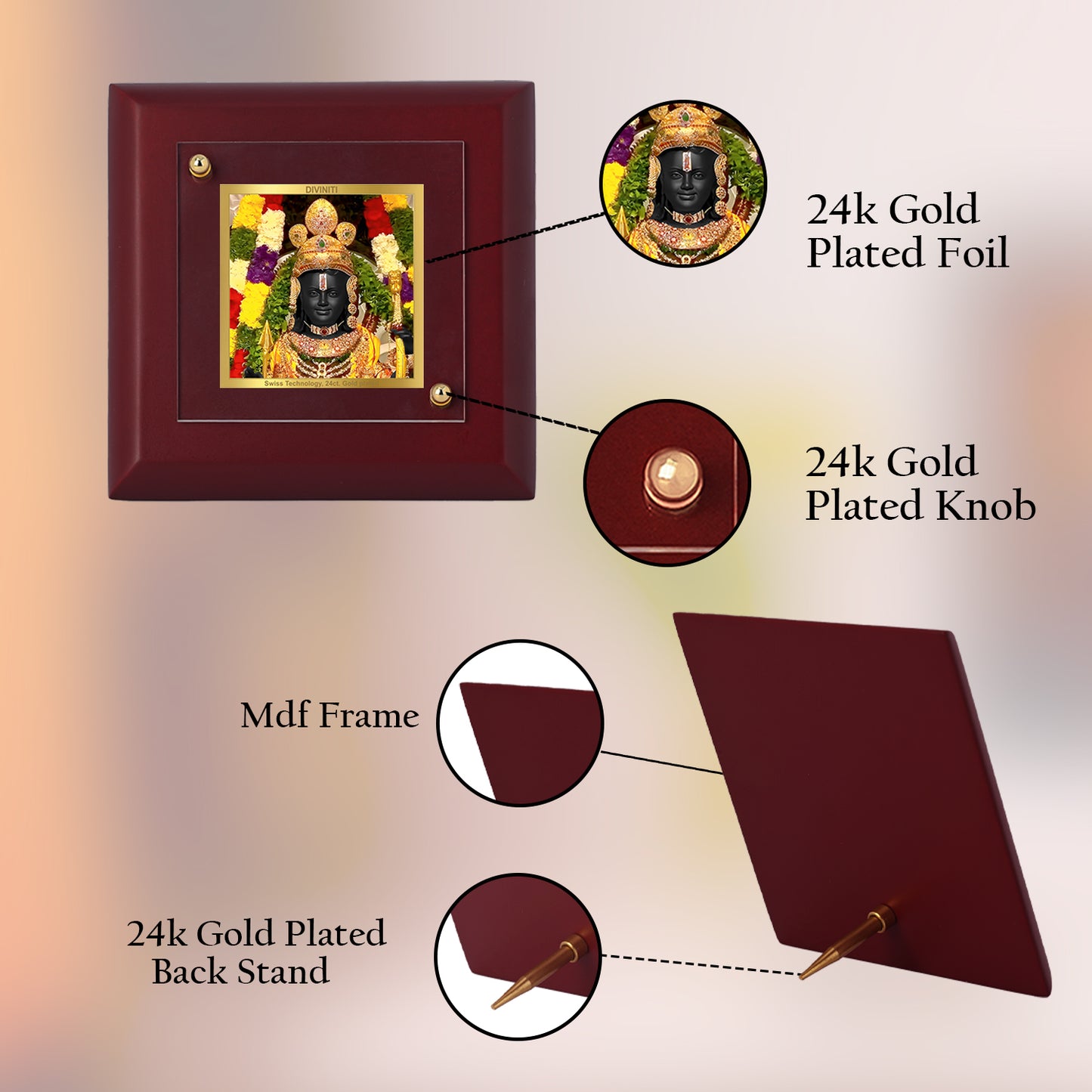 Diviniti 24K Gold Plated Ram Lalla Photo Frame Symbol of Divine Love for Home & Office Decor Showpiece, Tabletop, Puja Room, Gift | MDF Size 1A (9.9x9.9 CM)