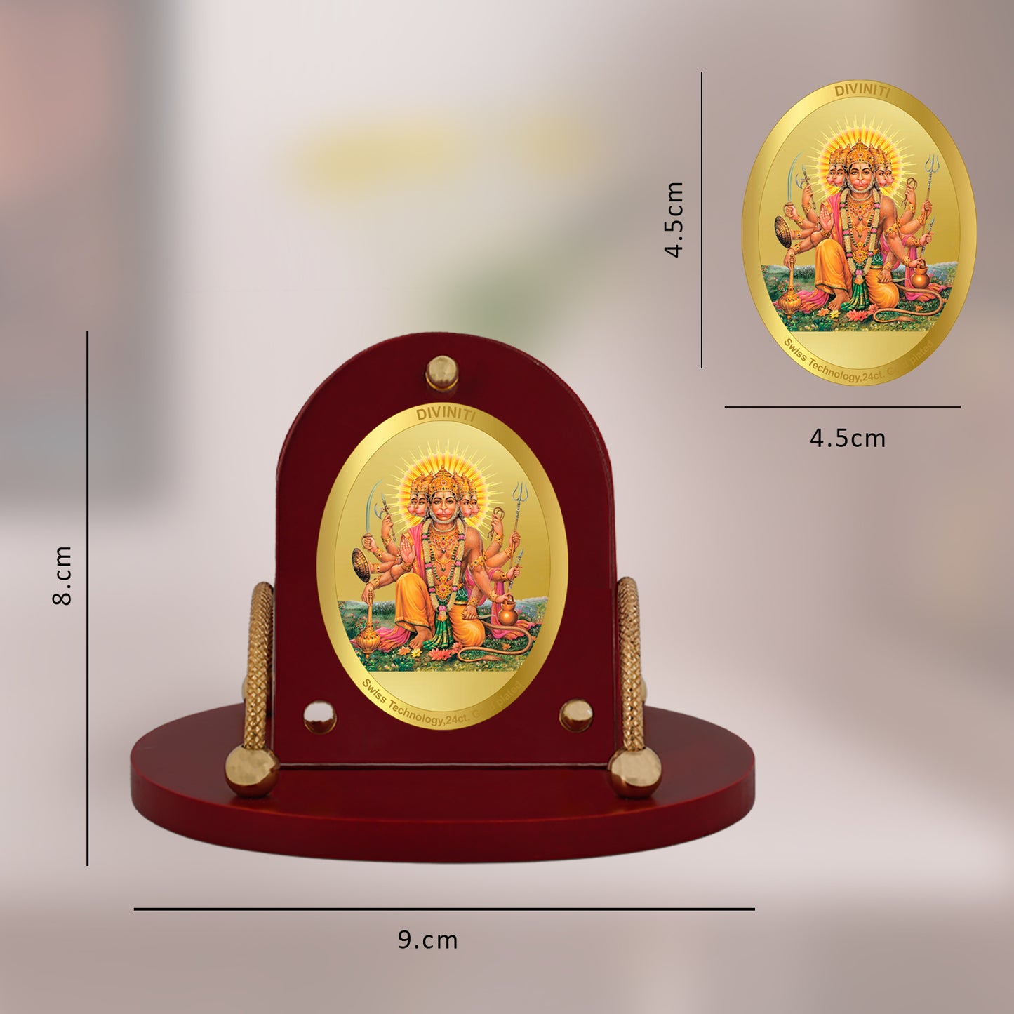 Diviniti 24K Gold Plated Foil Panchmukhi Hanuman Frame for Car Dashboard, Home Decor, Table & Office (8 CM x 9 CM)
