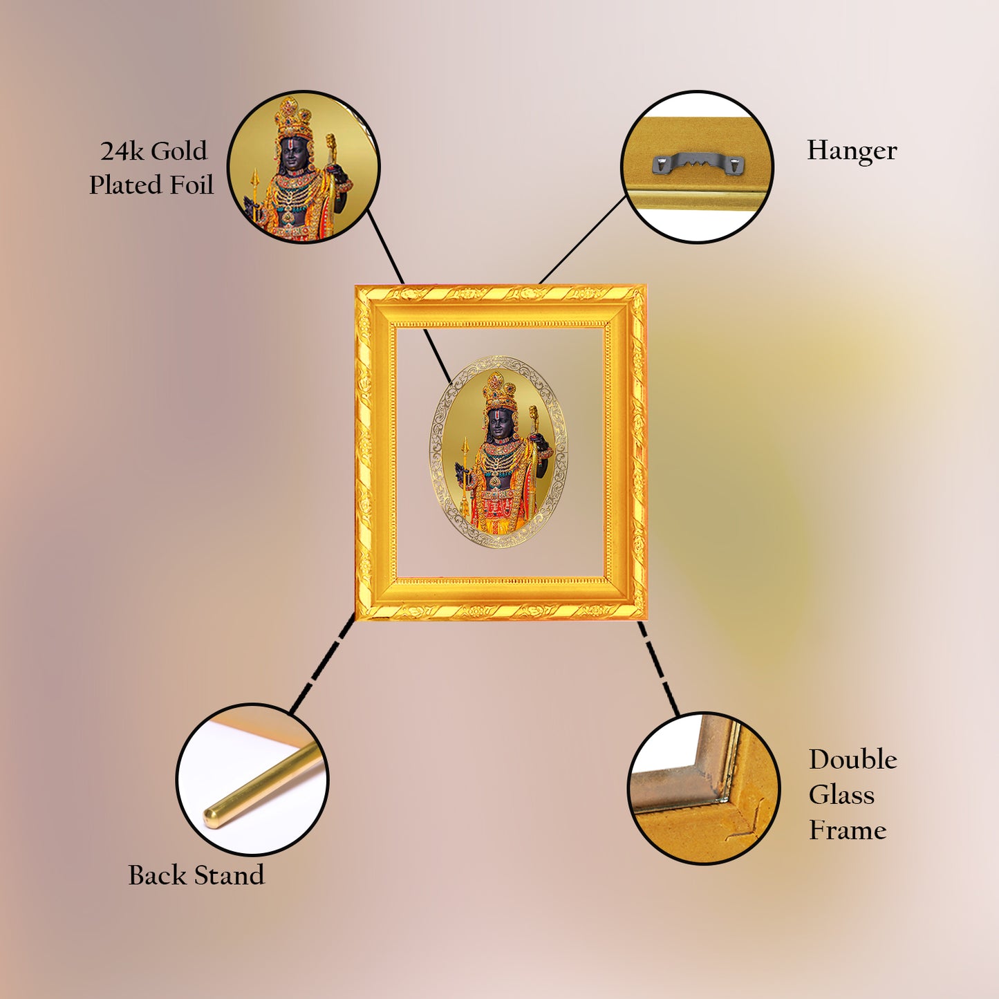 DIVINITI 24K Gold Plated Foil Ram Lalla Photo Frame for Home & Office Decor, Wall Hanging, Table Top, Puja Room & Gift DG 103 Size 1 (15.3x14.9 CM)