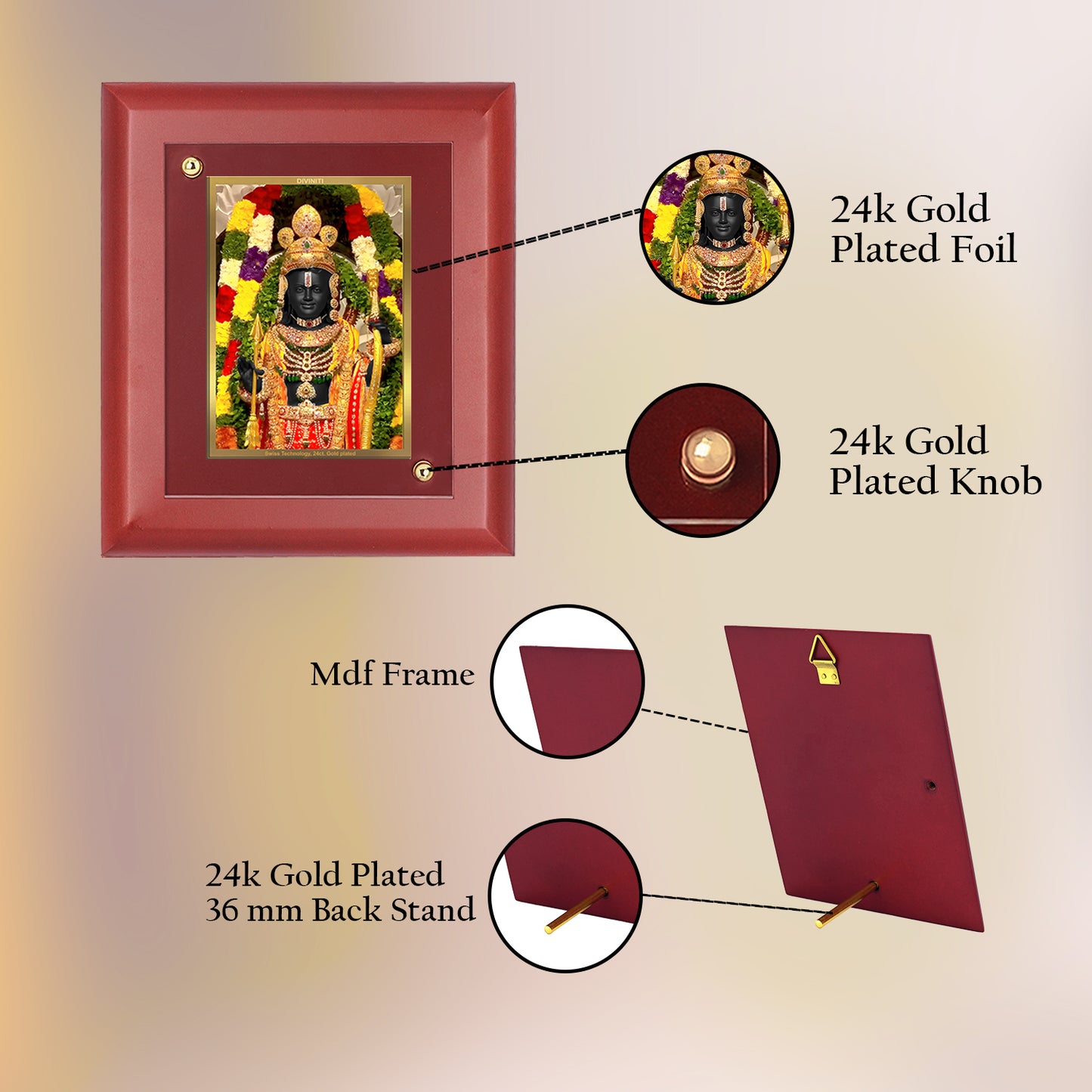 DIVINITI 24K Gold Plated Foil Ram Lalla Photo Frame For Home Decor, Wall Hanging, Table Top, Puja Room & Gift MDF Size 2 (20x16 CM)