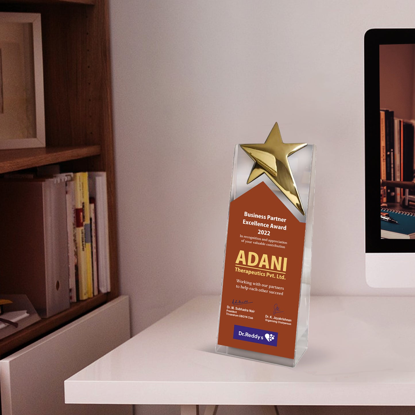 Customized Acrylic Trophy with Matter Printed & Metal Star For Corporate Gifting