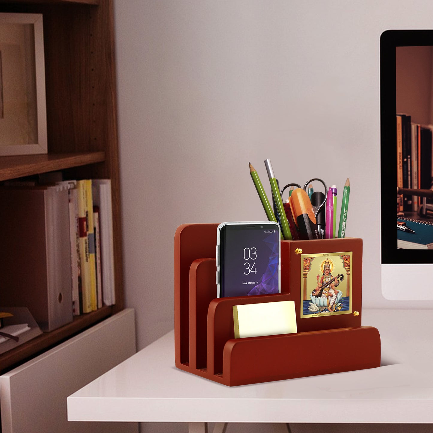 Diviniti Customized Pen Holder with 24K Gold Plated Saraswati Ji Frame For University (10 x 12 CM)