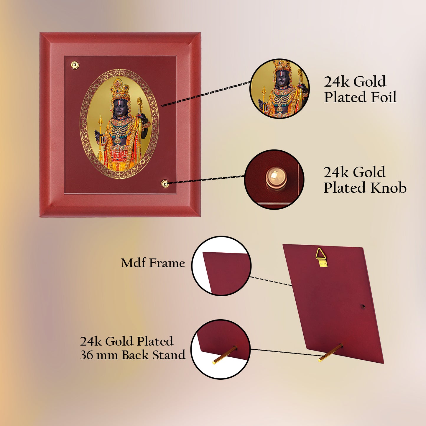 DIVINITI 24K Gold Plated Foil Ram Lalla Photo Frame Idol for Home Decor, Table Top, Wall Hanging, Puja Room & , Gift|MDF Size 1 (16.7x14.2 CM)