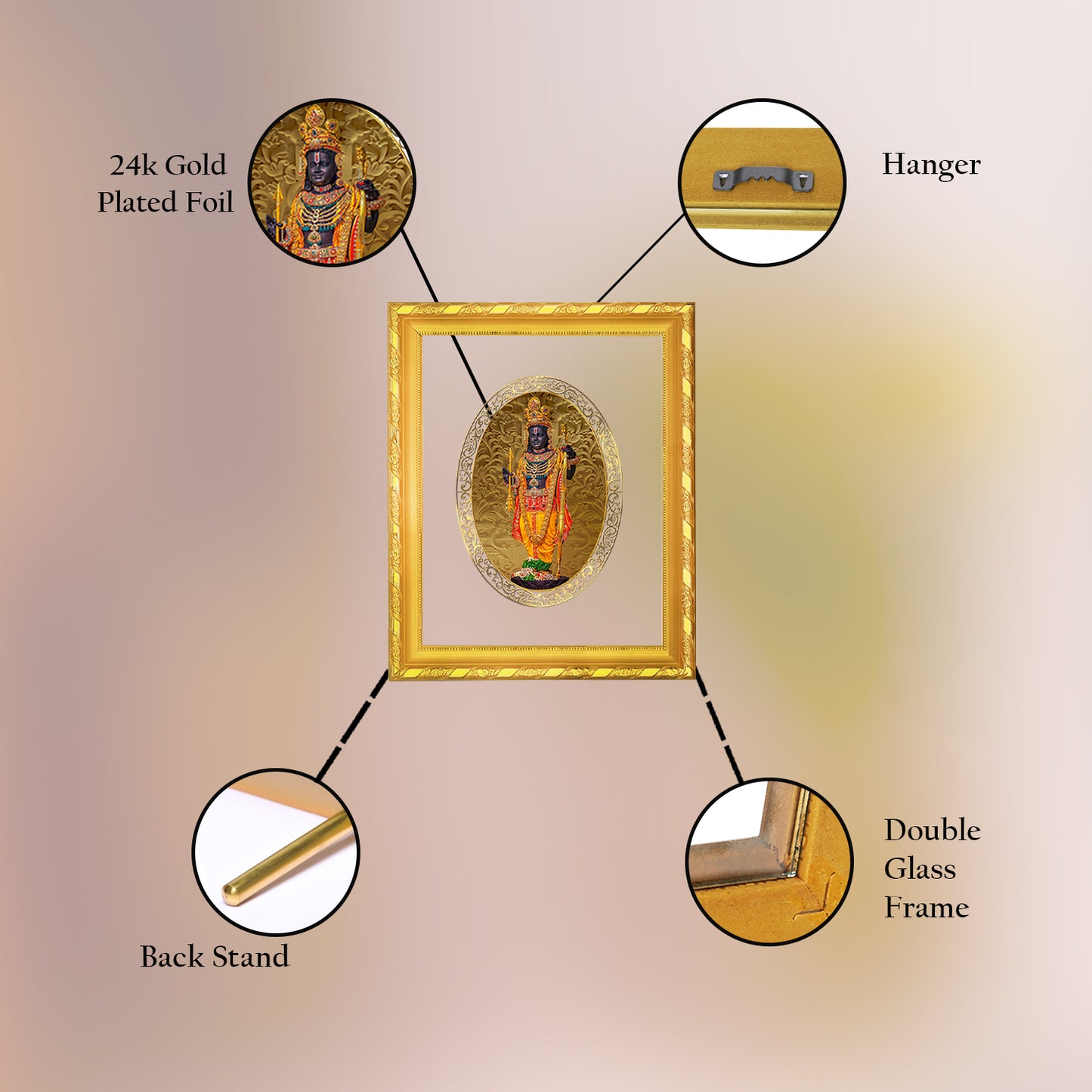 DIVINITI 24K Gold Plated Foil Lord Ram Lalla Photo Frame for Home Decor, Table Top, Wall Hanging, Workshop, Premium Gift | DG103 Size 2 (22.6x18.4 CM)
