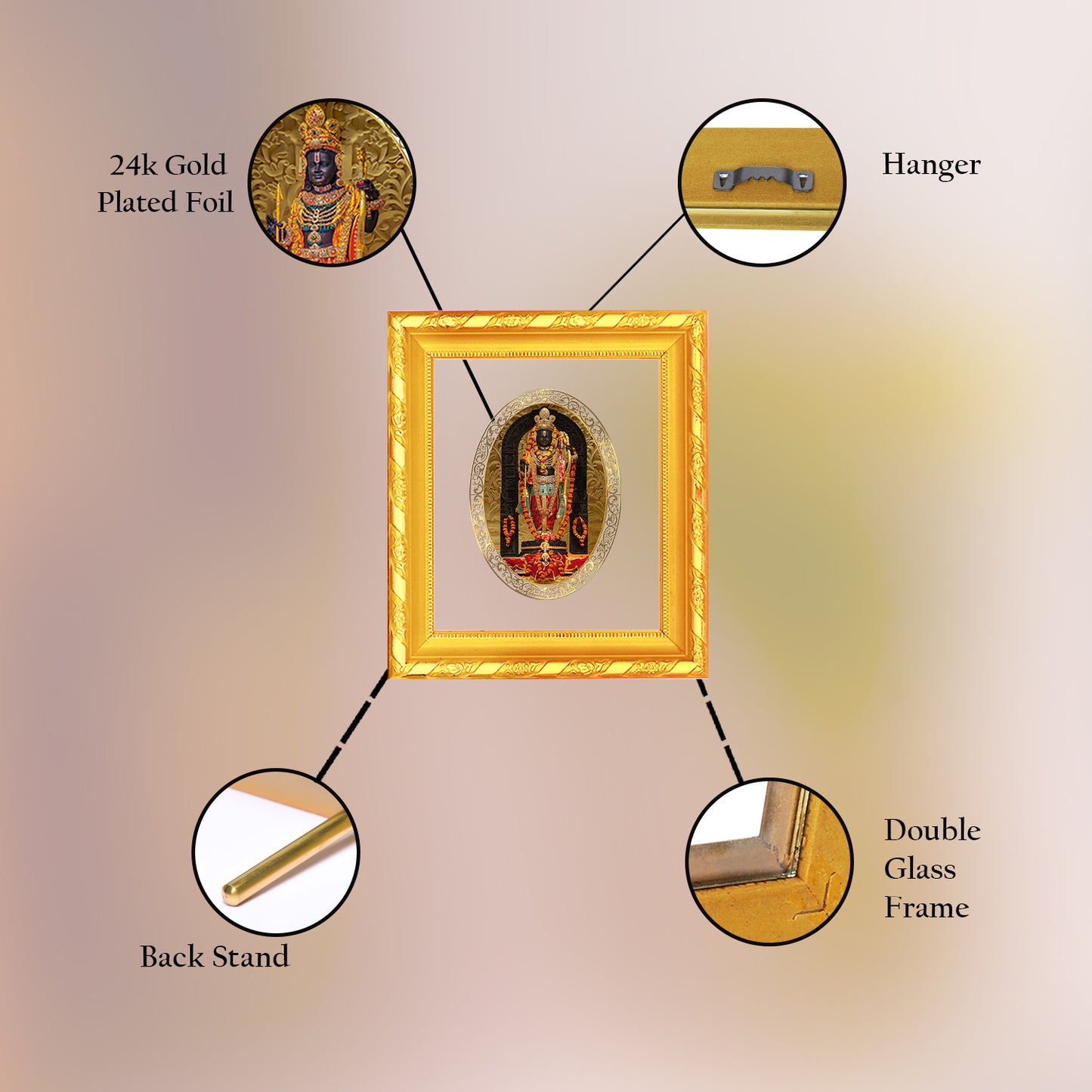 DIVINITI 24K Gold Plated Foil Ram Lalla Photo Frame for Home & Office Decor, Wall Hanging, Table Top, Puja Room & Gift DG 103 Size 1 (15.3x14.9 CM)