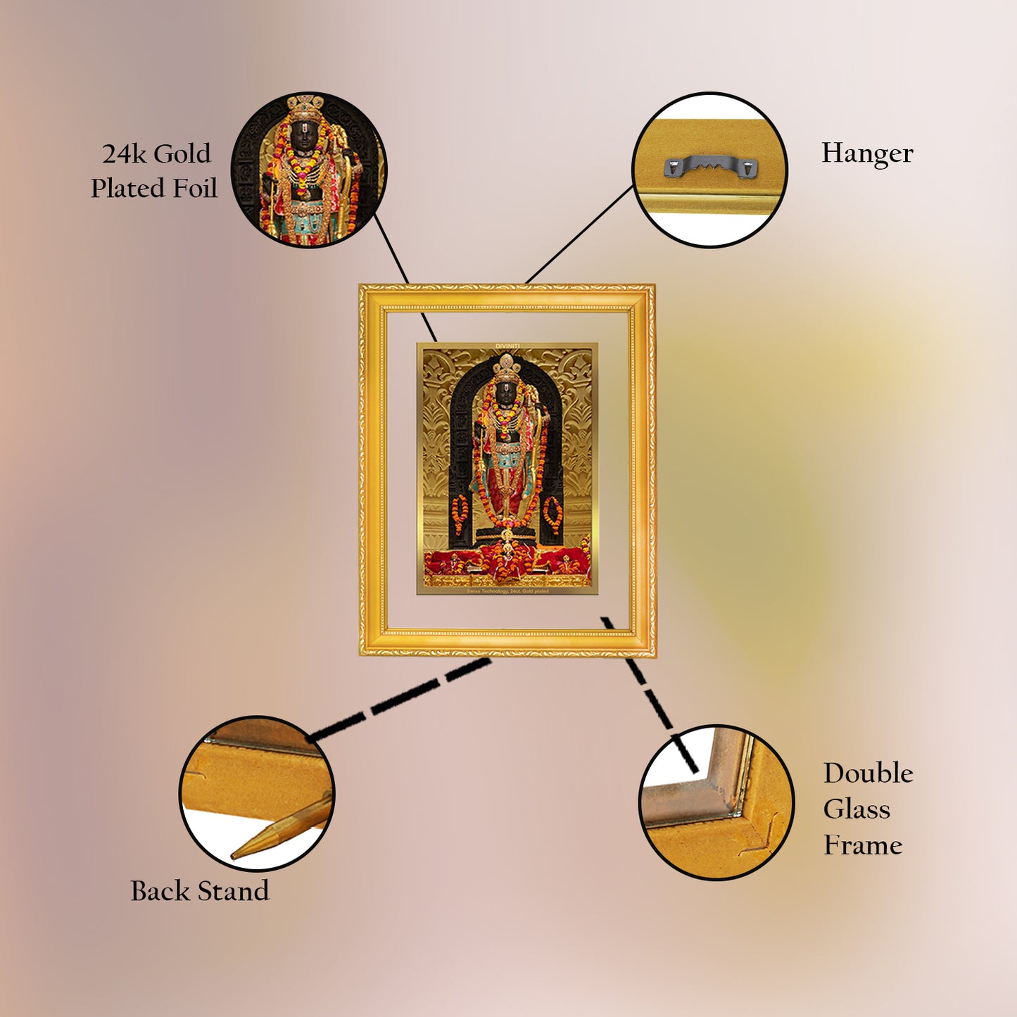 DIVINITI 24K Gold Plated Foil Lord Ram Lalla Photo Frame Idol for Home & Office Wall Decor, Puja Room, Workshop, Gift | DG101 Size 2 (22.6x18.4 CM)